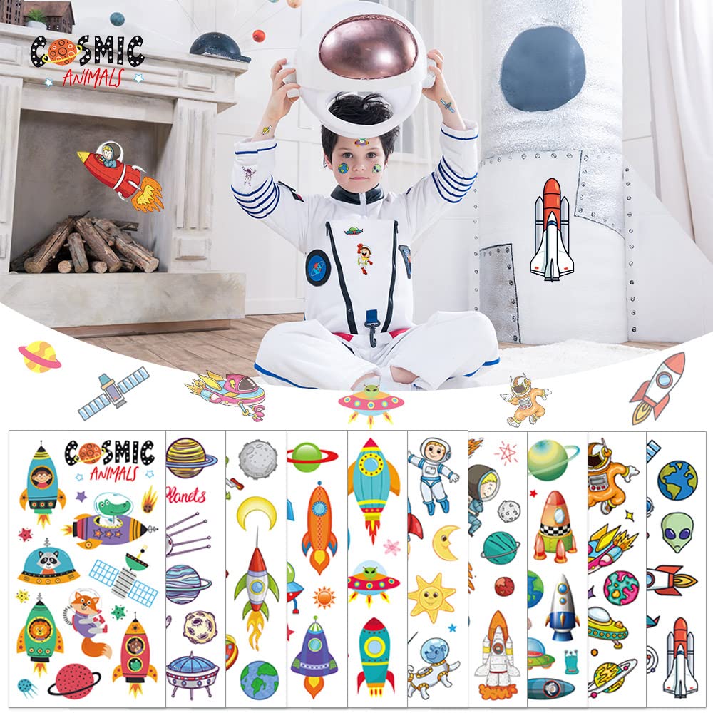 ACWOO Tatuaggi Temporanei per Bambini, 30 Fogli 350 Pezzi Finti per Ragazzi, Set per Adulti Festa Compleann (Dinosauro + Spazio + Pirata)