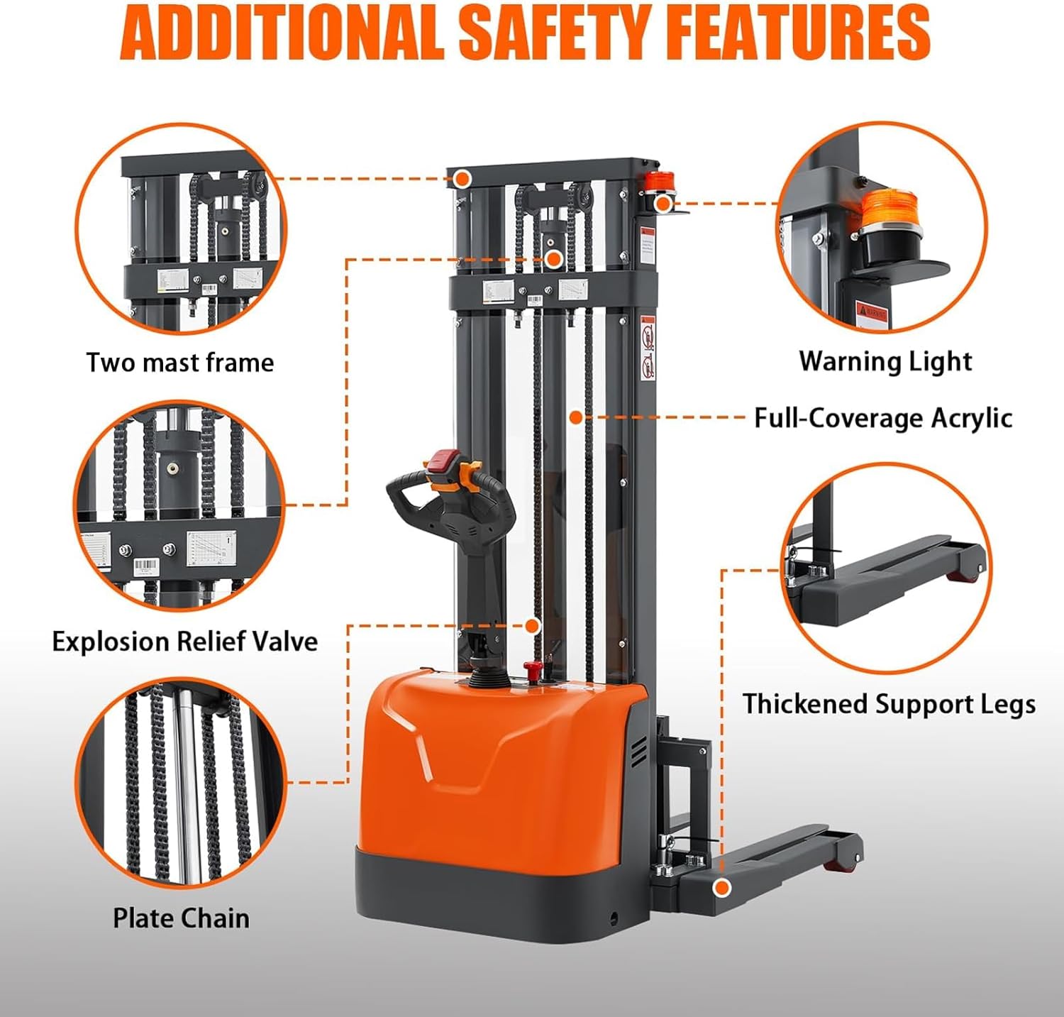 Tory Carrier Full Electric Walkie Stacker Material Lifts with Straddle Legs 98 inches Lifting Height with Adjustable Forks 3300lbs Capacity