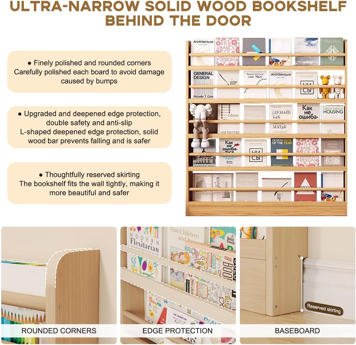 Book Shelf, Behind The Door Bookshelf, Wooden Kids Book Shelf 3/4/5/6 Tier, for Toys and Books, Space-Saving Wall Mount Narrow
