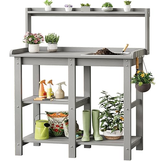 ONBRILL Potting Bench, Outdoor Potting Bench Table with Removable Sink, HDPS Potting Benches for Outside, Garden Table with Storage Shelves & 4 Side Hooks, No Rot, No Fade, No Break, 360lbs Capacity