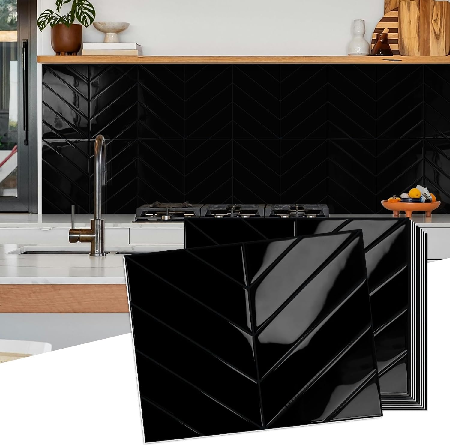 10-Sheet Herringbone Peel and Stick Backsplash Tiles for Kitchen, 3D Marble Look Self Adhesive Stick on Back Splashes Wall Tiles for Bathroom 11.5"x9" Black