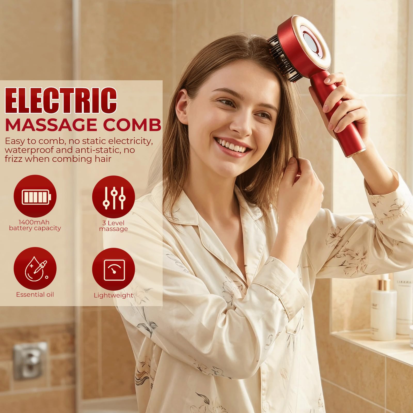 Kopfmassagegerät Elektrisch, 2 in 1 Kopfhaut Massagebürste Elektrisch mit Haaröl-Applikator, 360° Rotlicht Kopfhaut Massagegerät, 3 Modi Elektrische Kopfmassagegerät zur Massage und Kopfhautpflege