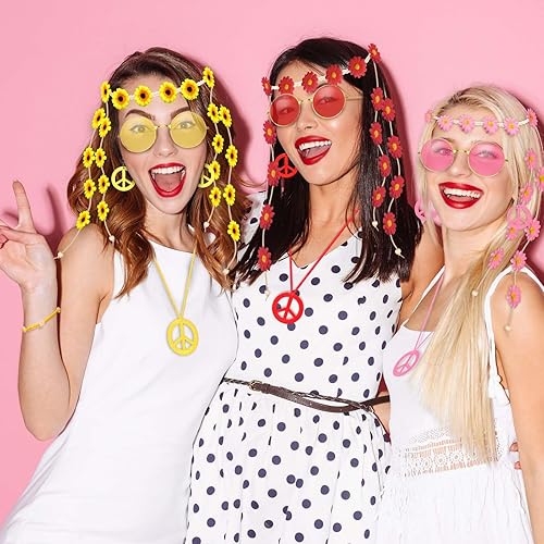 Miniatura 6 de Juego de 6 accesorios de disfraz hippie de flores, diadema hippie bohemio, collar y aretes y pulsera con signo de la paz