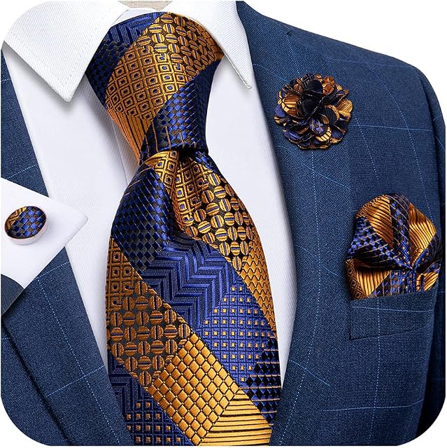 DiBanGu Men's Silk Tie and Lapel Pin Brooch Set Woven Pocket Square Cufflinks Paisley Stripe Solid Necktie Wedding Party Formal