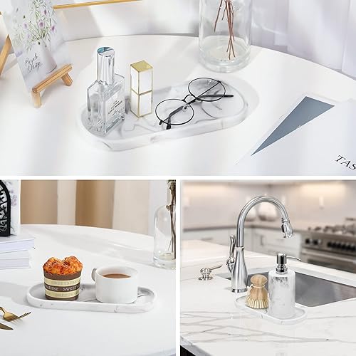 Miniatura 7 de Luxspire Bathroom Vanity Tray, Oval Soap Dispenser Tray, 10" Marble Kitchen Counter Trays, Resin Bathroom Tray for Counter, Toilet Tank Tray