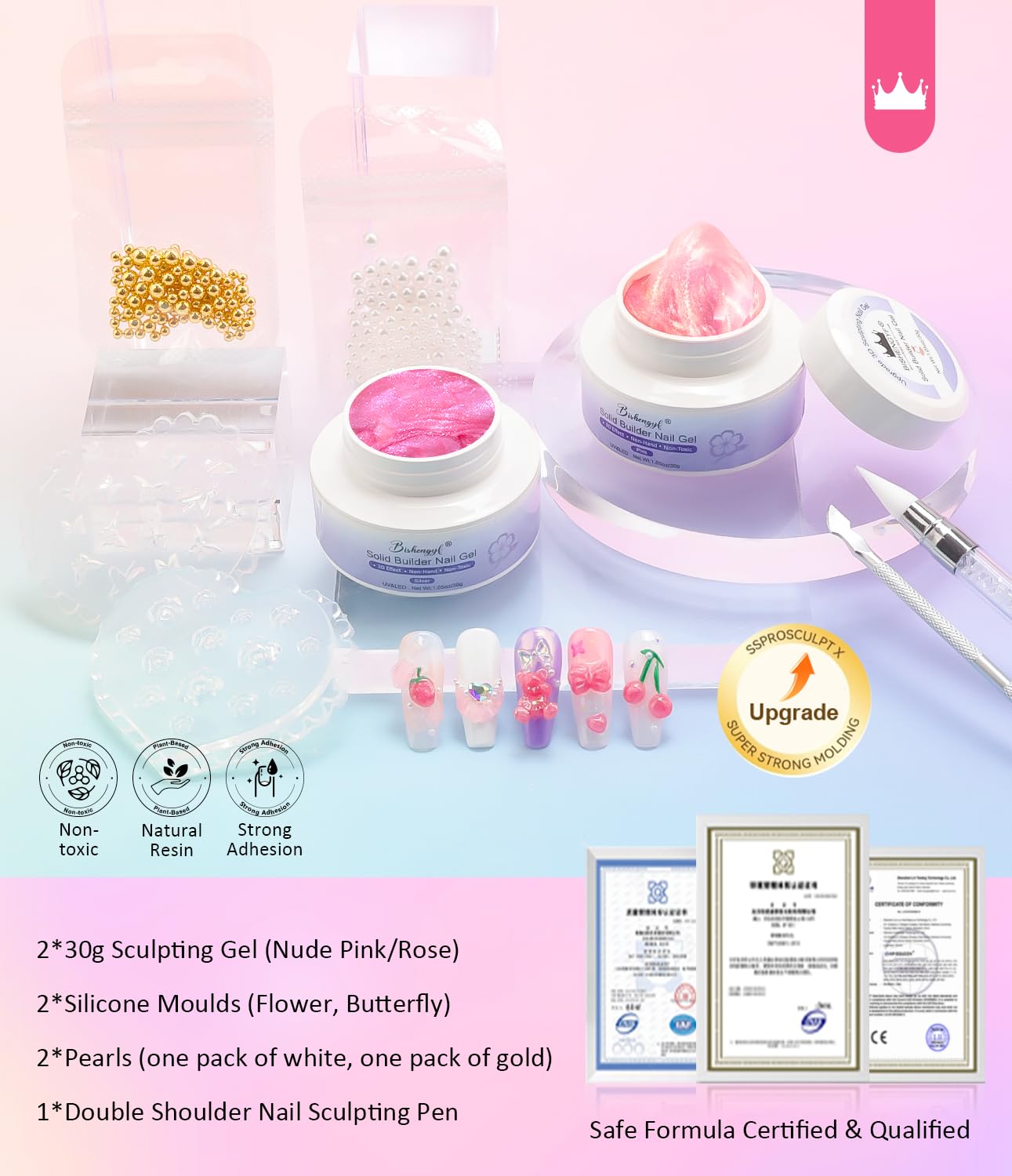 BISHENGYF 3d Gel for Nails,Large Capacity Clear 2pcs 30g Non-Sticky Mermaid Pearl 3d Sculpting Nail Gel,Clear Carving for Nail Extension Nail Art Salon Hom Diy Includes Molds(Rose Pink) - Image 2