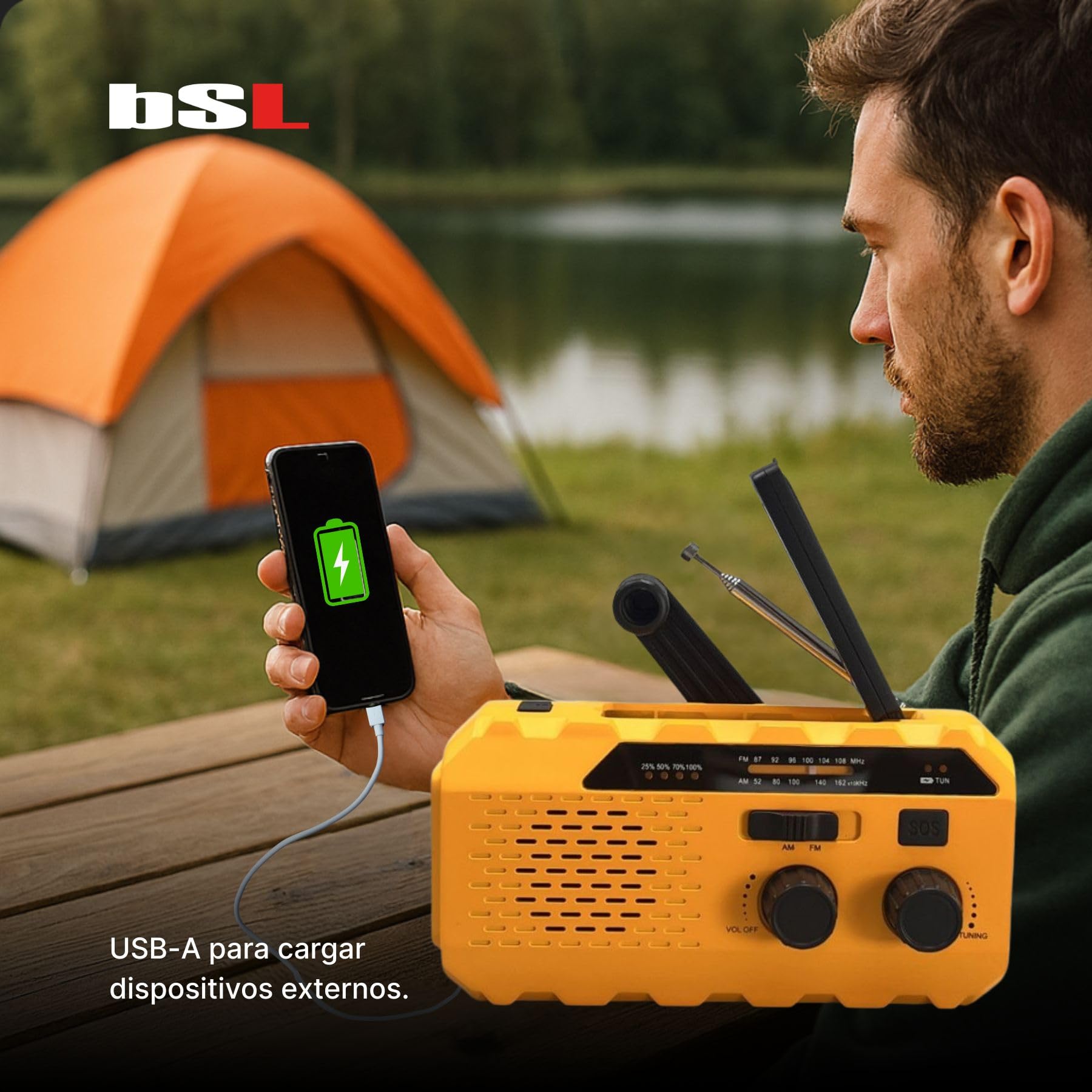 BSL Radio Portátil Am/FM CT-6127 | Carga Solar y manivela Dynamo | Linterna LED | Batería Recargable 2000mAh Almacenamiento y Carga Dispositivos externos | USB-A y USB-C.