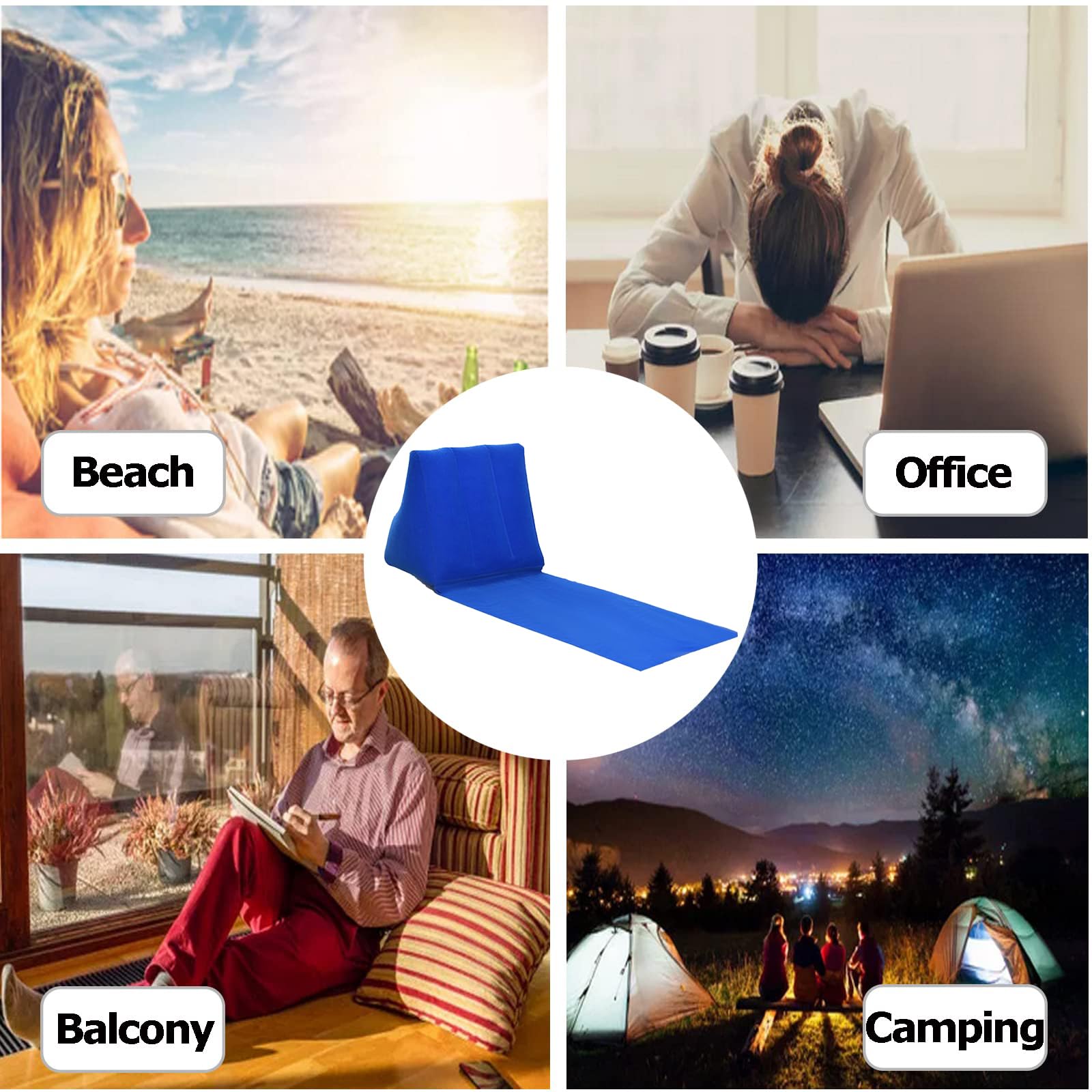 SOONHUA Cuscino gonfiabile per la schiena, portatile, reclinabile, a forma di cuneo, tappetino da spiaggia, pieghevole, impermeabile, per campeggio all'aperto (blu scuro)