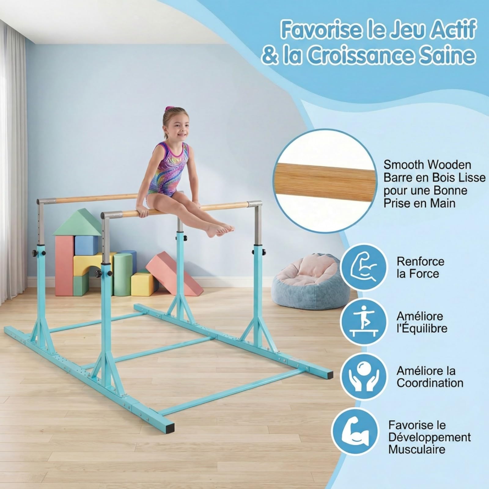 GYMAX Barres Parallèles de Gymnastique pour Enfants, Double Barre Réglable en Hauteur 85-145 cm sur 13 Niveaux, Équipement d'Entraînement à Domicile avec Support Métallique Triangulaire