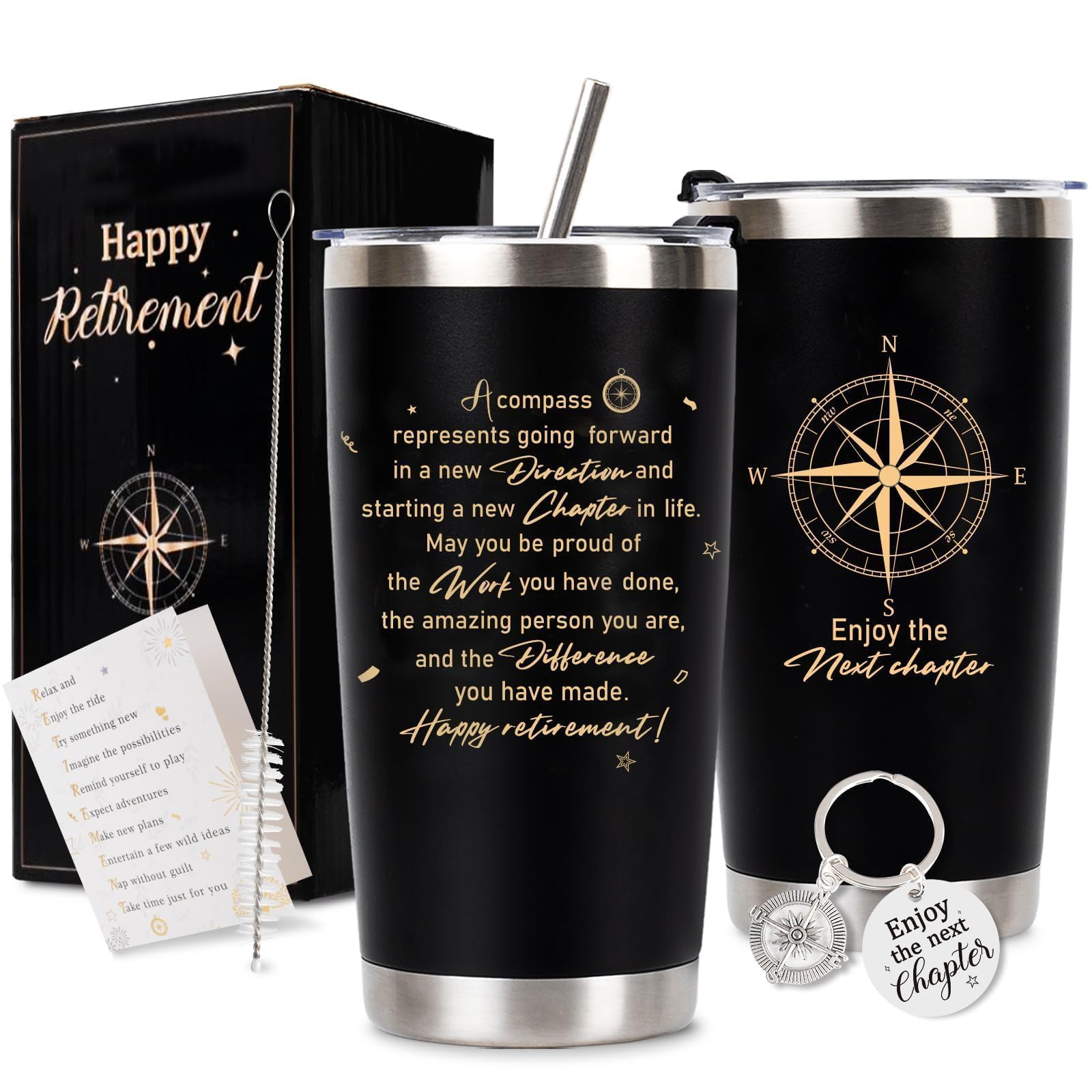 Retirement Gifts for Men 2026, 20 Oz Retired Tumbler Cup with Lid & Straw, Best Retirement Gift Set Stainless Steel Cup with Keychain & Card for Men Him Husband Teachers Boss Doctors Coworkers, Black