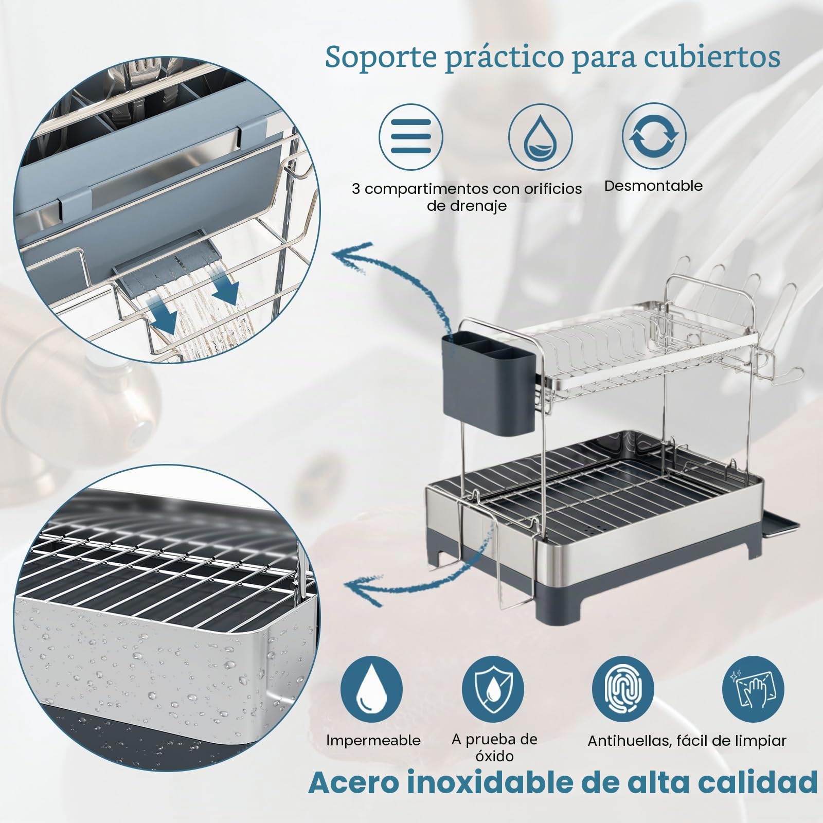 KOMFOTTEU Escurridor para Platos de Acero Inoxidable, Escurreplatos de 2 Niveles con Bandeja de Goteo, Cubo de Cubiertos, Portavasos, Estante Organizador de Cocina, 57 x 32 x 39,5 cm
