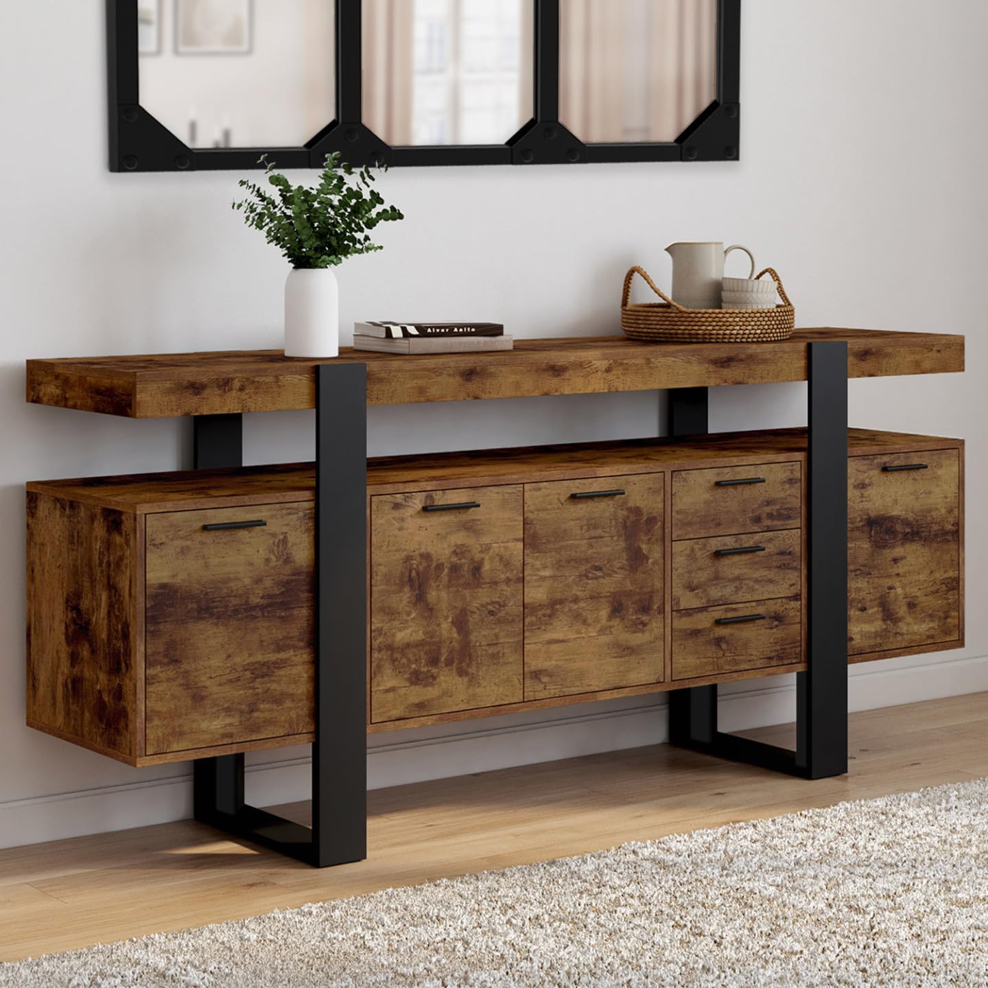 IDMarket - Buffet 180 cm Phoenix XXL Bois Effet Vieilli et Noir