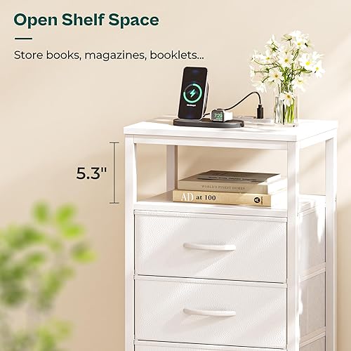 Miniatura 7 de Huuger Mesita de noche con estación de carga, mesa auxiliar de 27.6 pulgadas con cajones, acabado de piel sintética, mesa auxiliar con puertos USB y