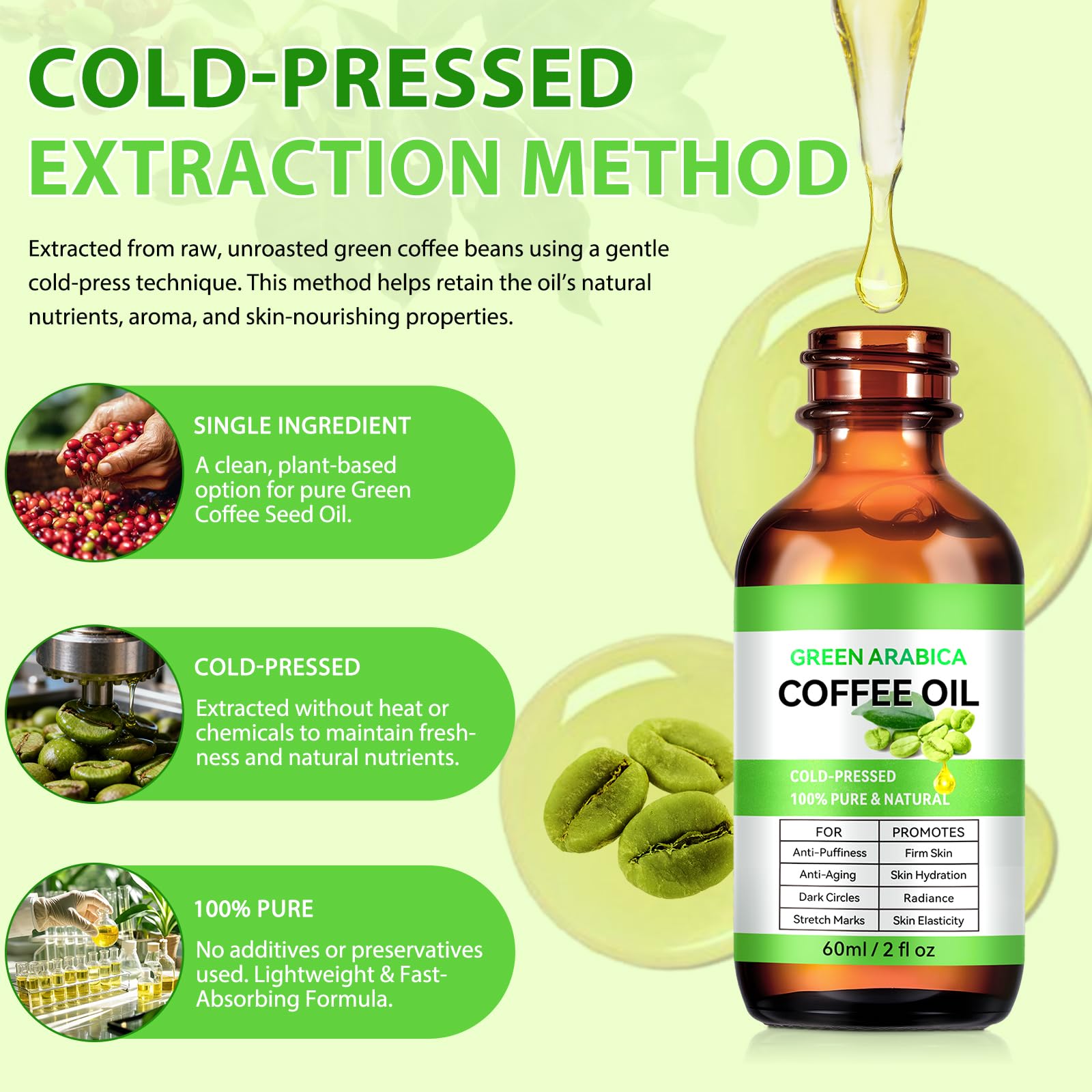 Olio da caffè contro le rughe, 60 ml, olio da caffè puro e naturale al 100%, contro le rughe per il viso e i capelli del corpo, olio di caffè per il viso, anti-muffiness & Firm Skin | Olio di caffè