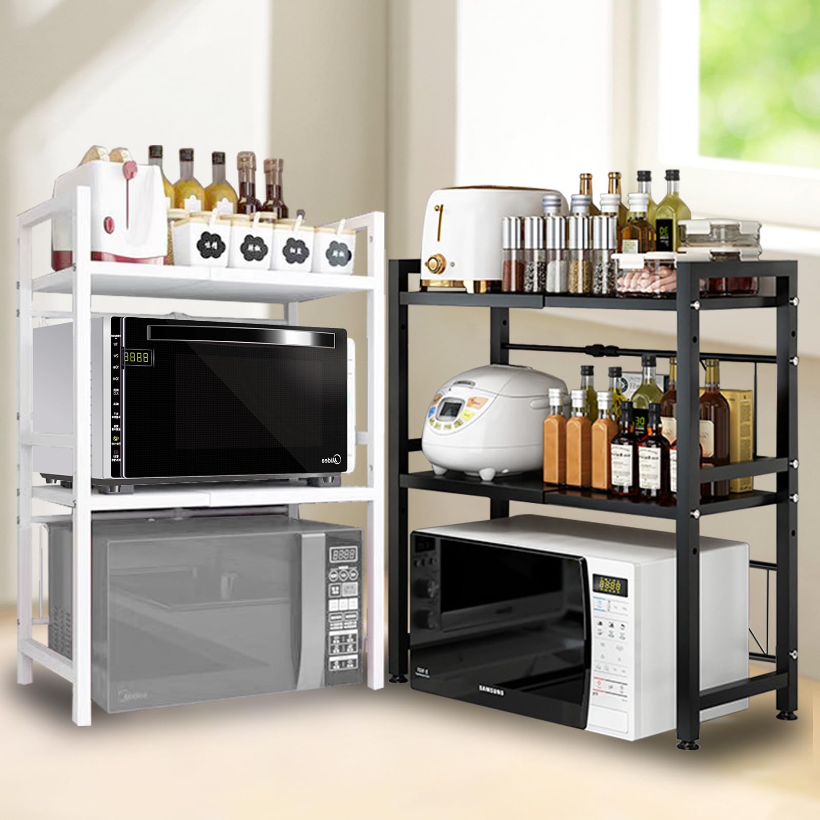 Scaffale per microonde a 2 strati, per tostapane, per cucina, larghezza telescopica 40-63 cm (ottimale entro 60 cm) con gancio mobile, portata 75 kg (nero)