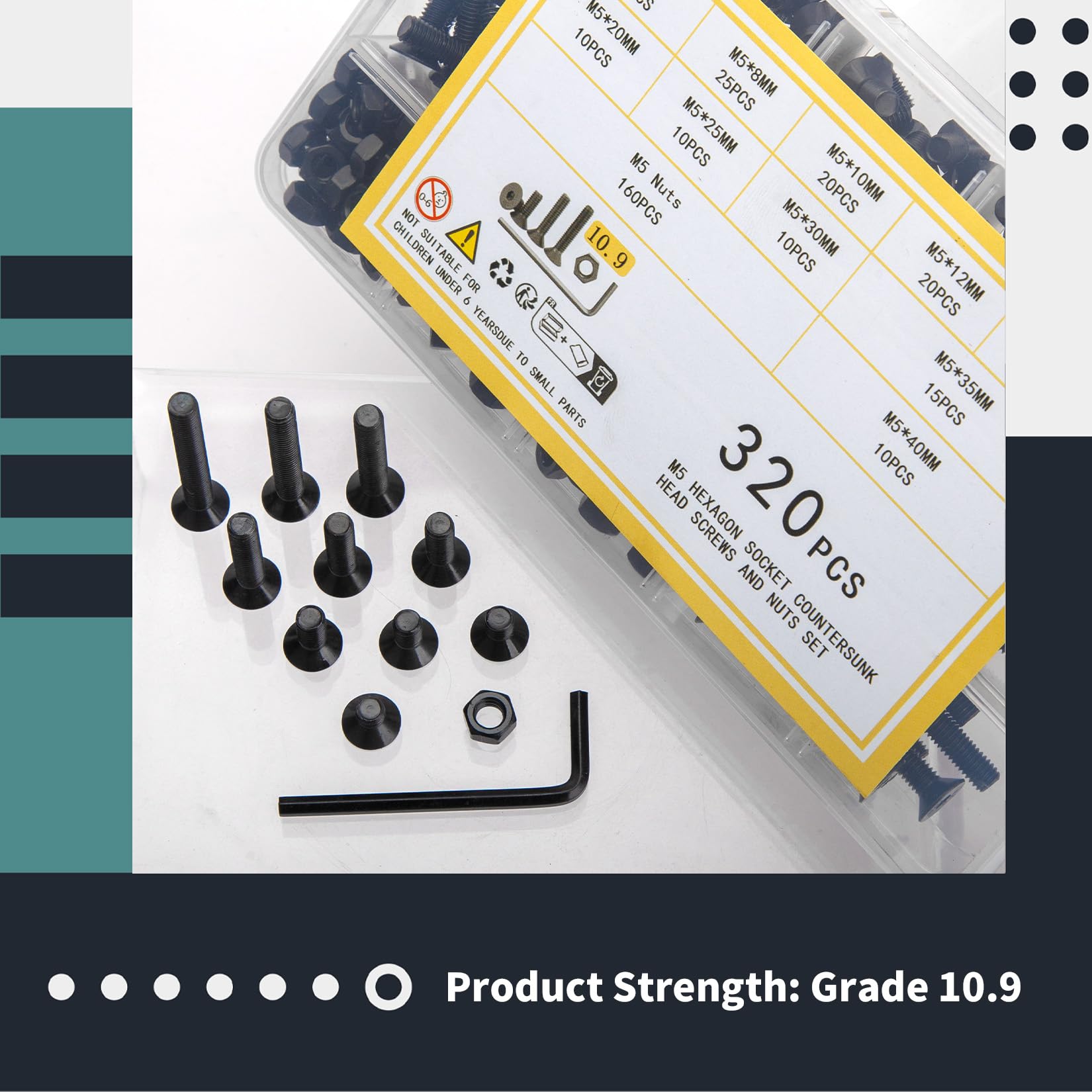 Ewwtrey 320 Pcs M5 Screws Set, Countersunk Hex Socket Head Cap Screws and Nuts Set, M5 Bolts and Nuts Assortment - Image 4