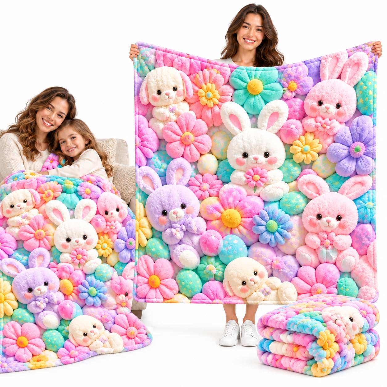 YXRRVING Teddy Pastel Floral Print Throw Blanket,Kawaii Teddy Bear Blanket