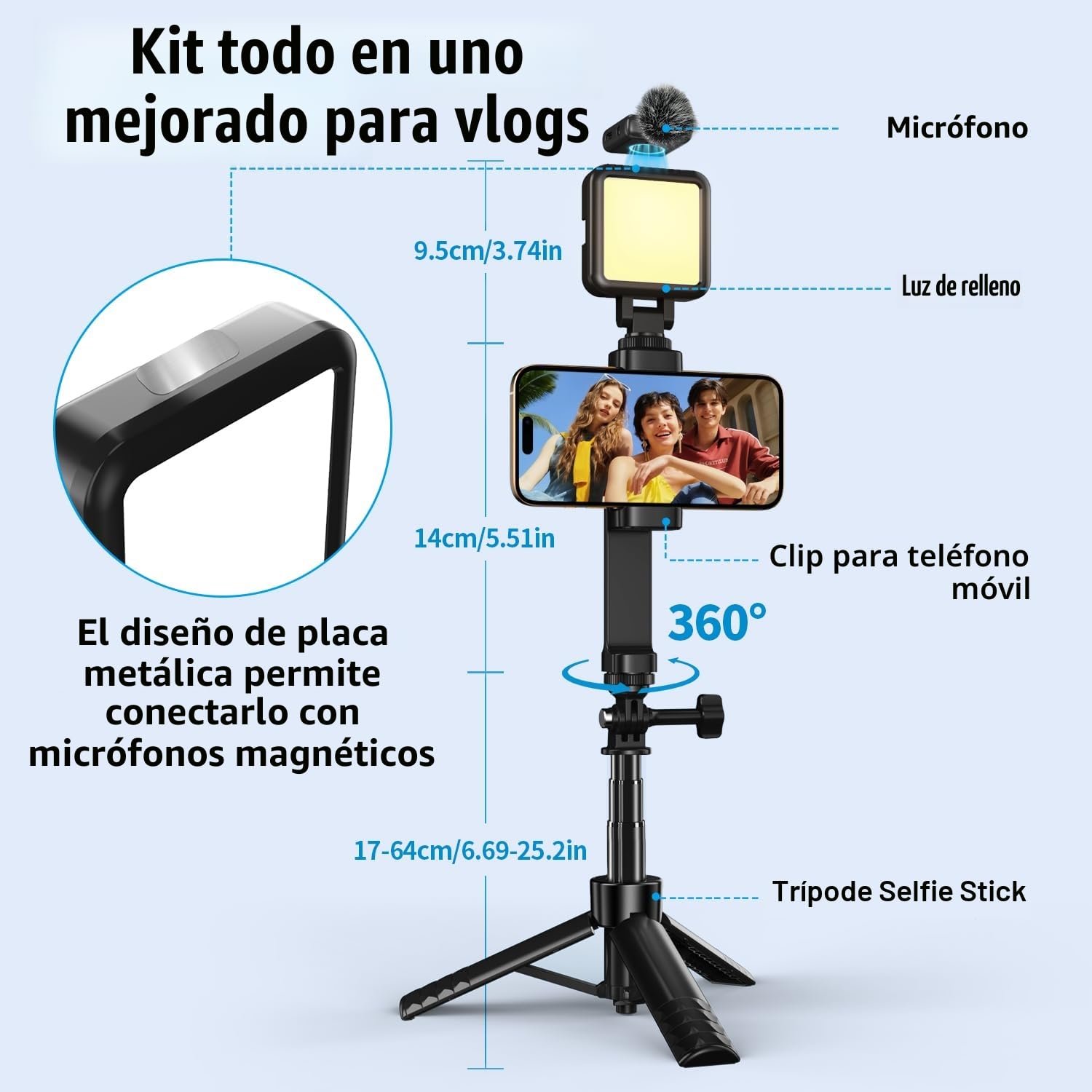 yAyusi Kit Vlogging para iPhone, Kit para Youtubers, Incluir Trípode 2 en 1, Luz LED, Micrófono con Estuche de Almacenamiento, Ideal para Entrevistas Callejeras y Grabación de Vlog