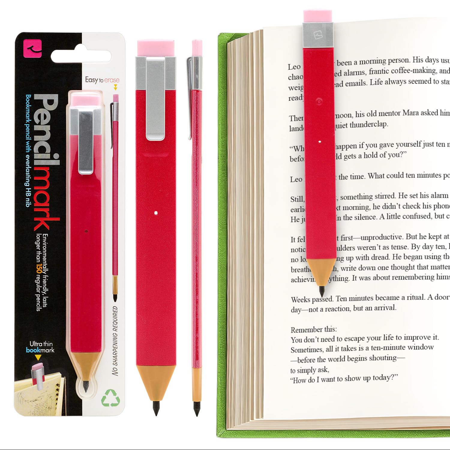 Gifts for Readers & Writers Pencilmark 2-in-1 Red Bookmark Pencil, 3.8mm Pencil Book Marks for Reading and Writing, Page Marker Books Accessories, Graphite Bookmarks Pencils with Eraser