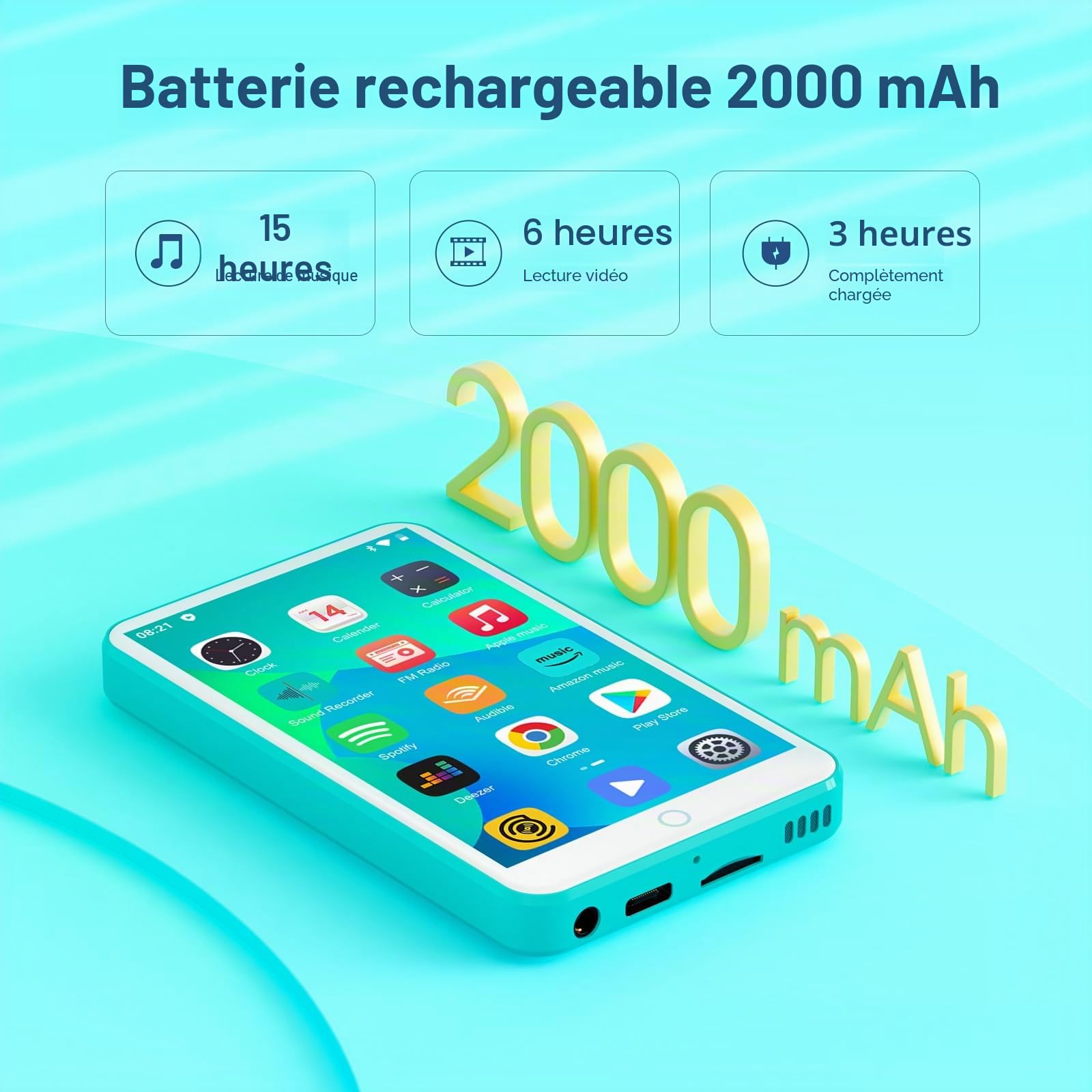 Lecteur MP3 avec Bluetooth et WiFi, Oilsky 80GB 4'' Android 9.0 Lecteur de Musique, MP4 à écran Tactile 1080P, Mp3 Portable avec Spotify, Audible, Deezer (Cyan)