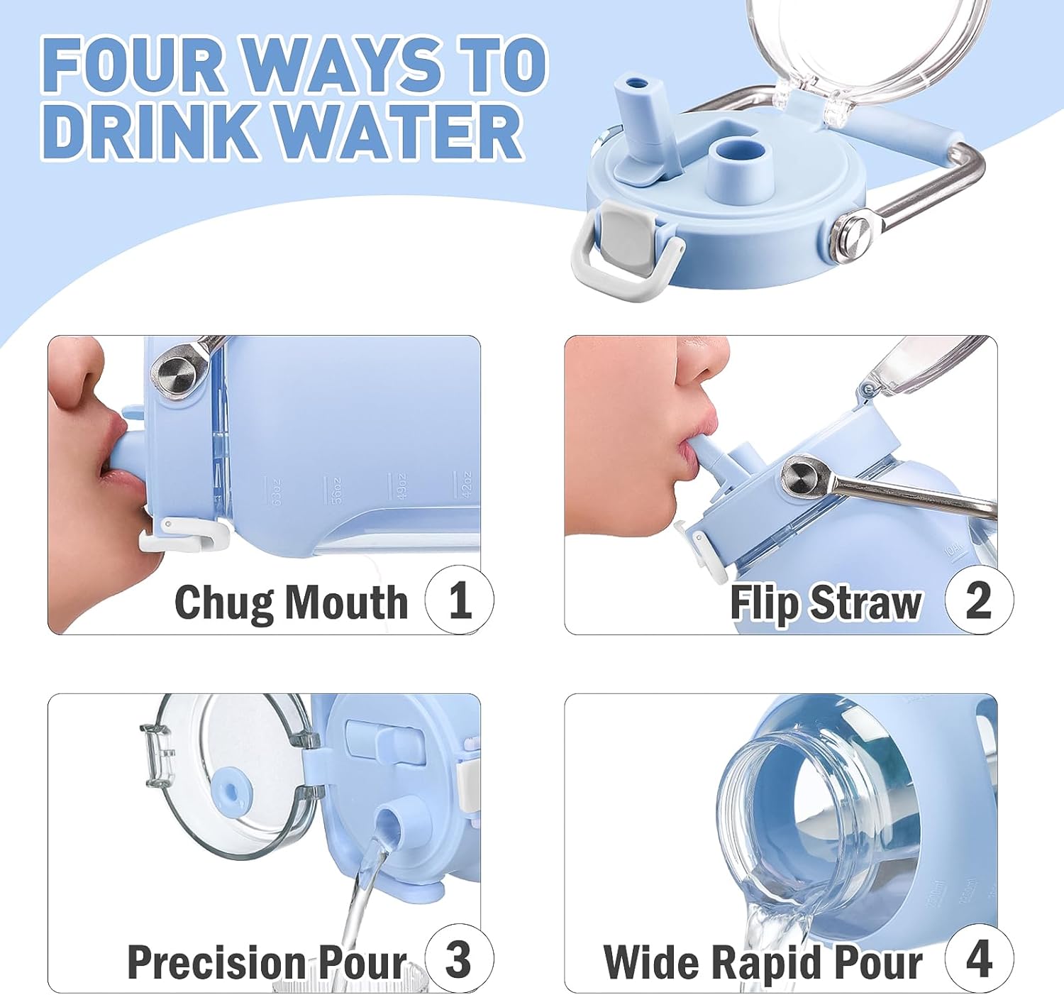 84oz Glass Water Bottle with Stainless Steel Handle,2.5L Gallon Water Bottle with 2-IN-1 Straw Lid, Silicone Sleeve and Motivational Capacity Marker, Wide Mouth Water Jug For Gym, Workout, Blue - Image 3