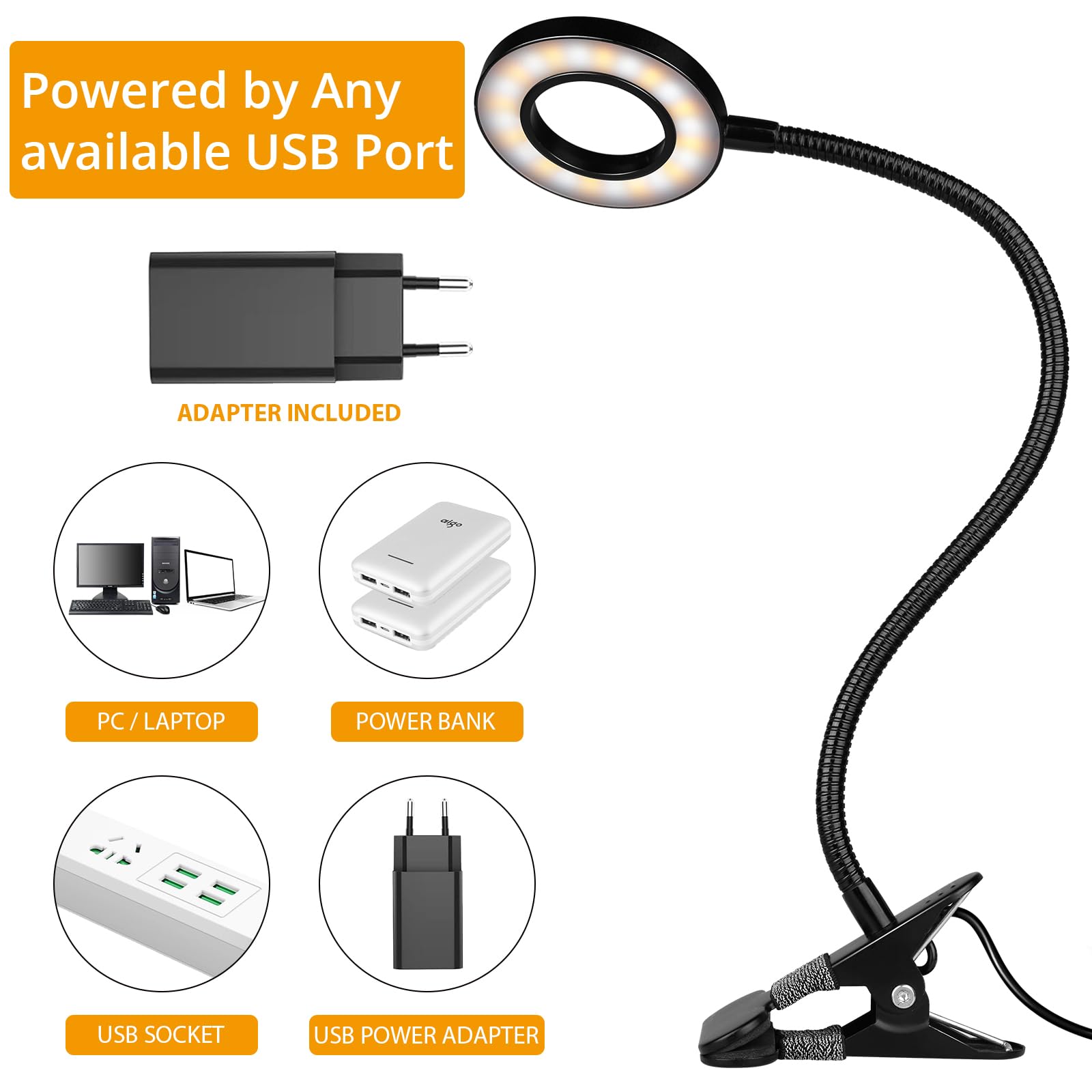 TBTeek LED Klemmleuchten, 48 LED Leselampe Bett Klemmbar, Augenpflege Schreibtischlampe, 3 Modi & 10 Dimmstufen, Klemmleuchte für Büro Heimgebrauch, CE Adapter Enthalten, Schwarz(2 Pack)