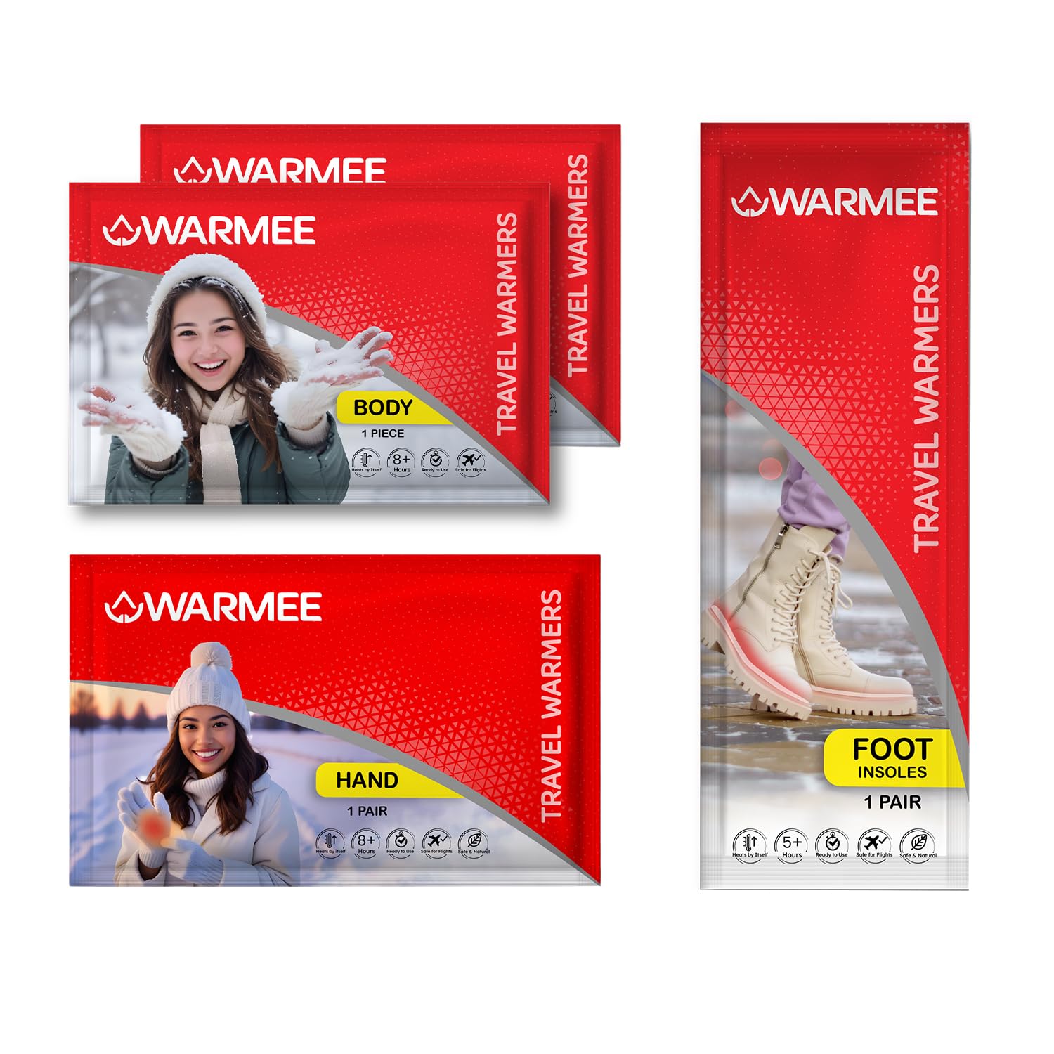 Warmee Combo Pack |2 Pieces Body+1 Pair Hand +1 Pair Foot | Travel Warmers || Winter Holidays|| Instant Heat generating warmers || Activates by Air|| Body, Hand and Foot Warmers