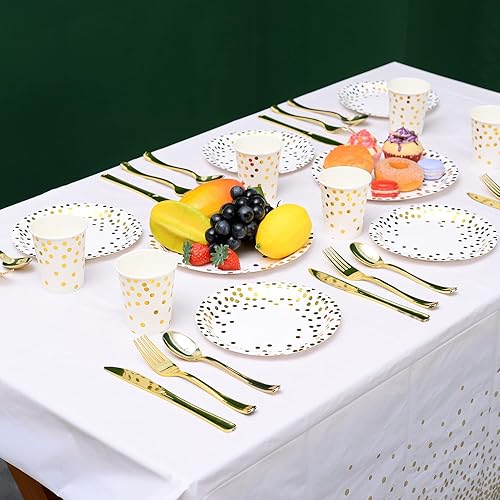 Miniatura 4 de 200 piezas de suministros de fiesta dorados, platos y servilletas dorados, cubiertos para 25 juegos para bodas, despedidas de soltera, compromisos,