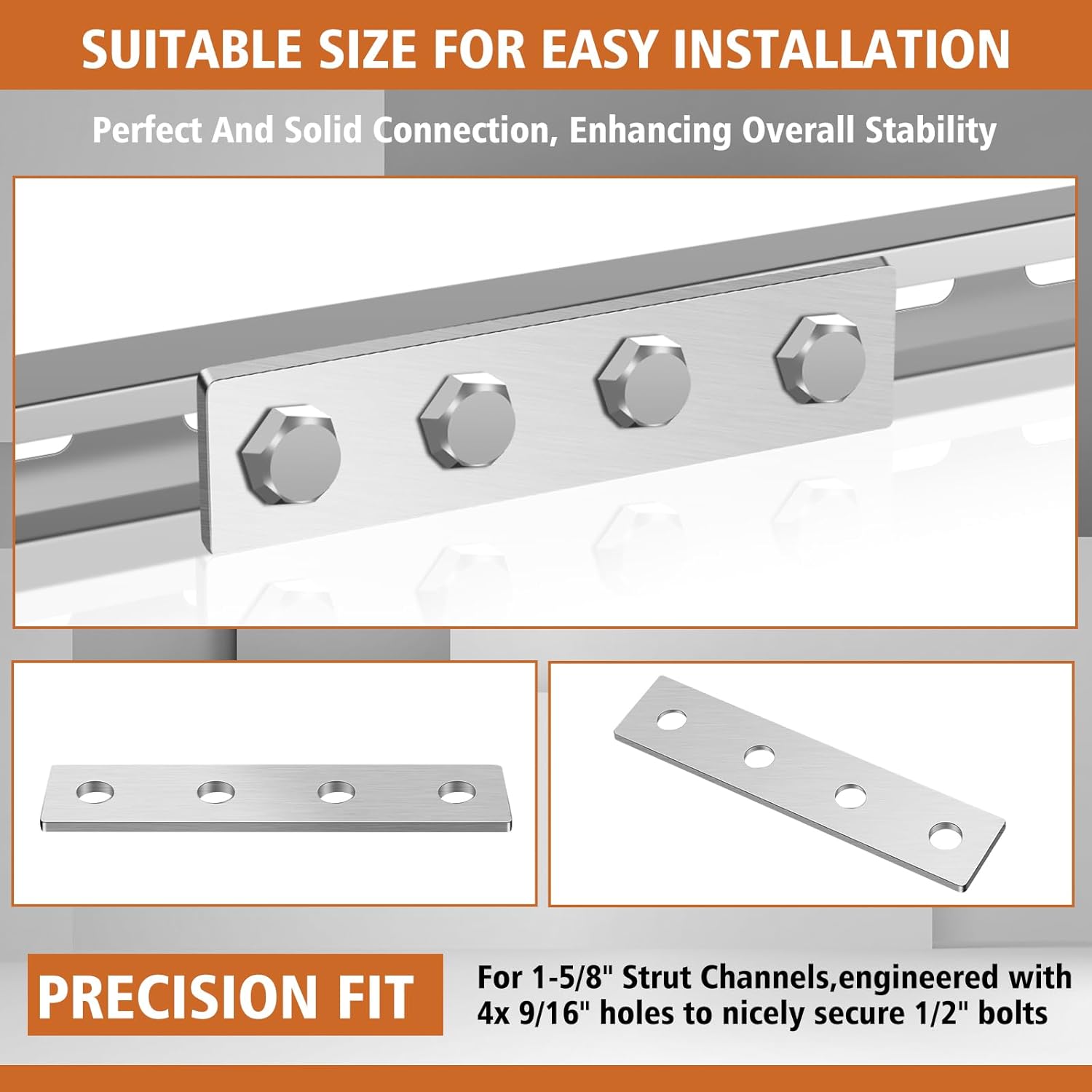 MorningRo 8 Pcs 4 Hole Flat Plate Heavy Duty Connector Bracket for 1/2" Bolt in 1-5/8" Strut Channel Galvanized Steel