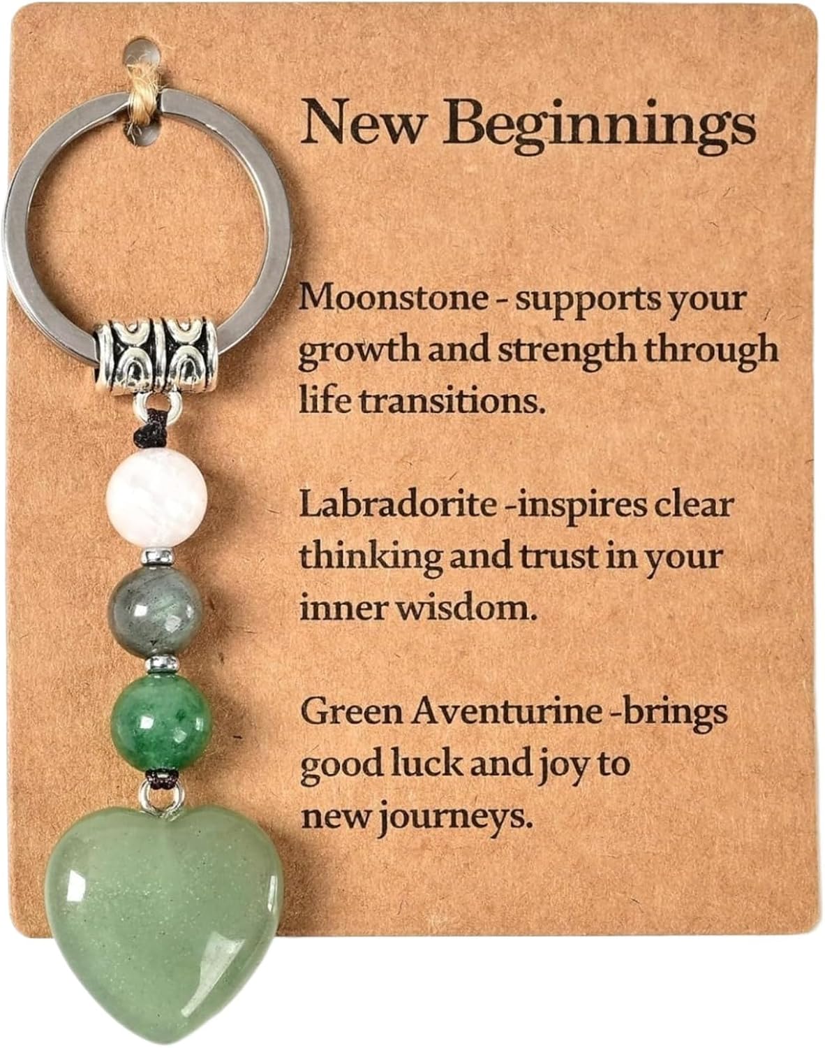 Stone Keychain for Women, Natural Stone Keyring with Round & Heart Beads, Gift for New Job New Beginnings