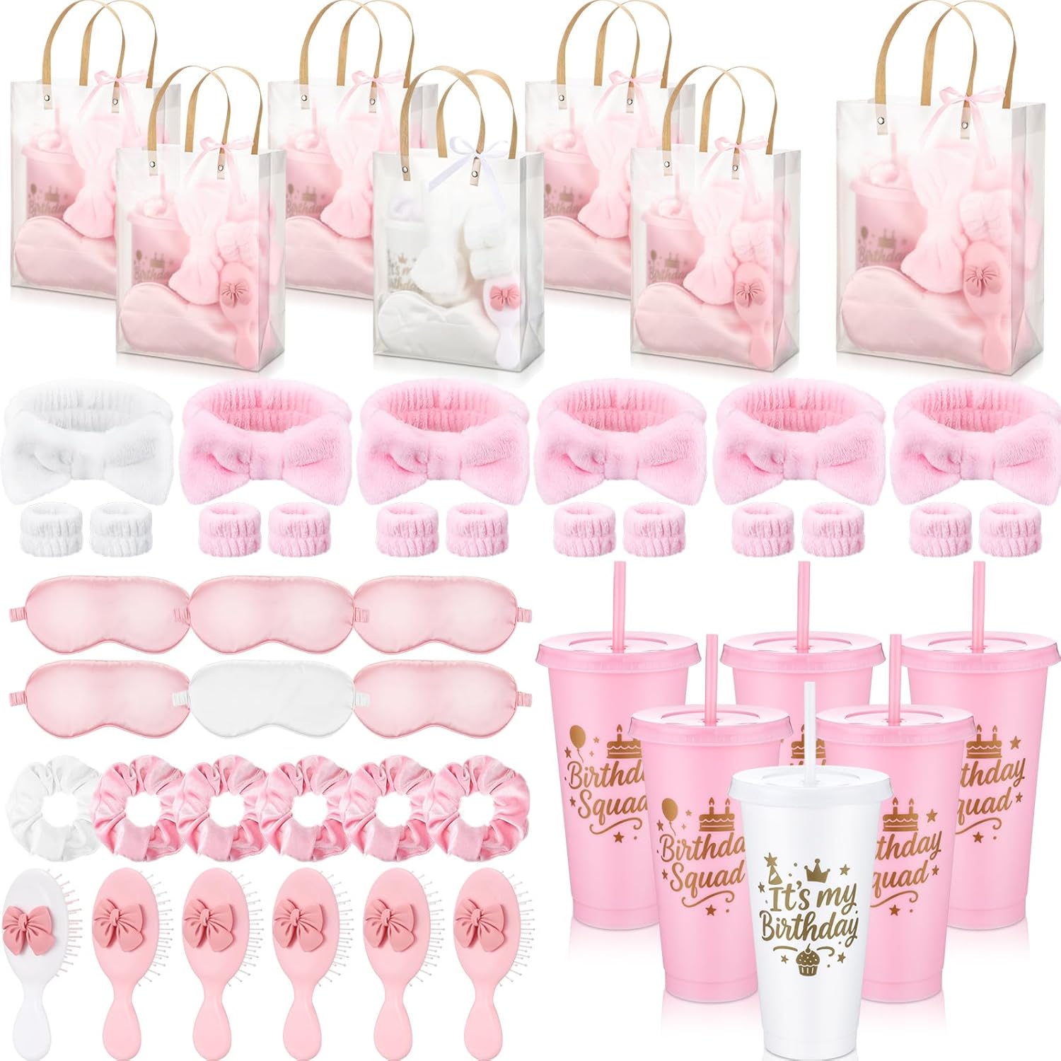 6 Sets Pink Birthday Squad Party Gift Favors for Women Birthday Squad Cups 24 oz Tumblers with Lid Straw Pink Hair Headband Scrunchies Comb Satin Eye Mask for Spa Sleepover Accessories