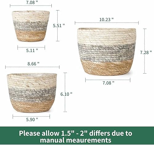 Miniatura 2 de Juego de 3 cestas de hierba marina, cesta tejida hecha a mano, cesta de almacenamiento para interiores y exteriores, contenedor con forro de