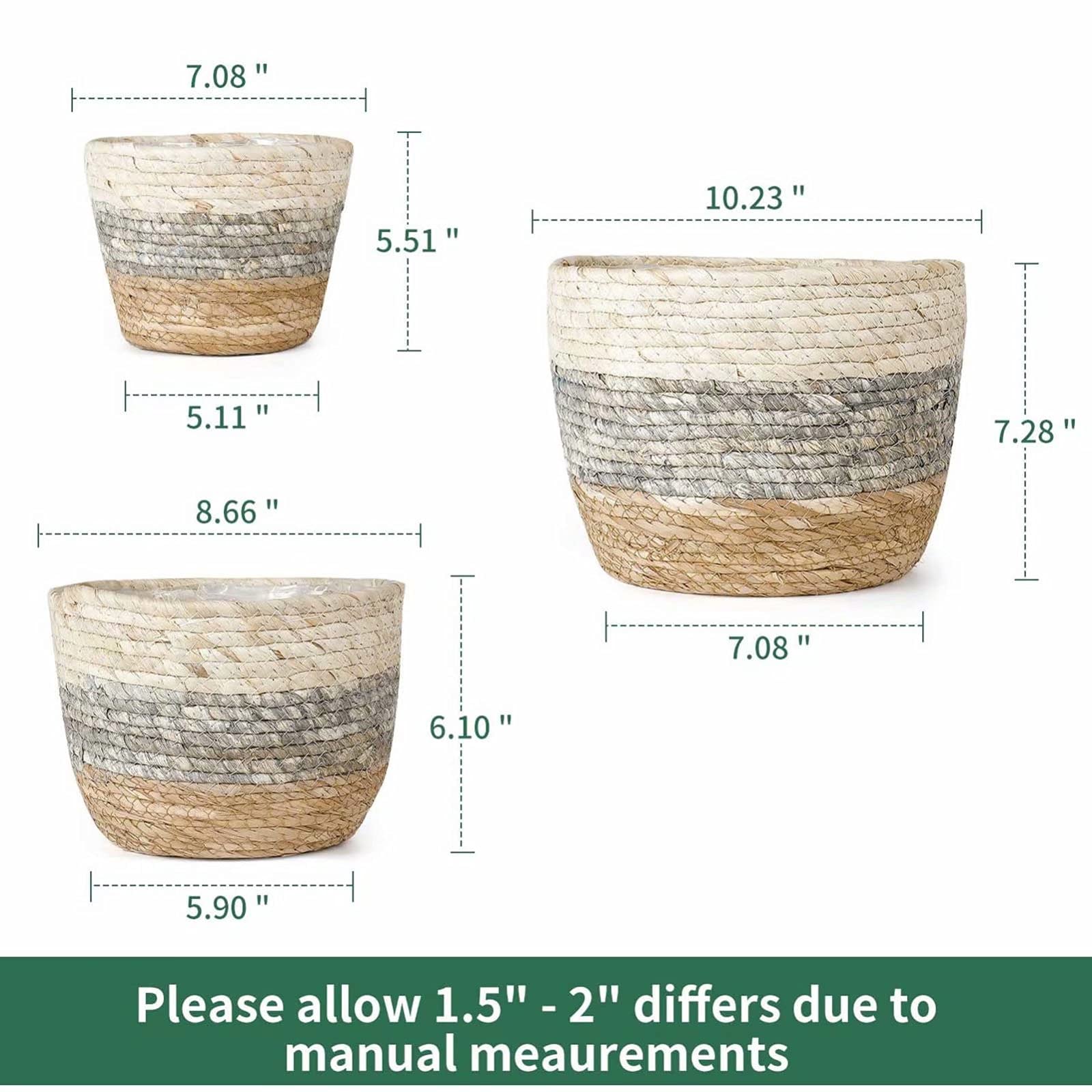 Seagrass Planter Basket 3 Set Handmade Woven Basket Indoor Outdoor Storage Basket Flower pot Container with Waterproof Plastic Liner for Houseplants Succulents Orchid Modern Home Decor White Grey