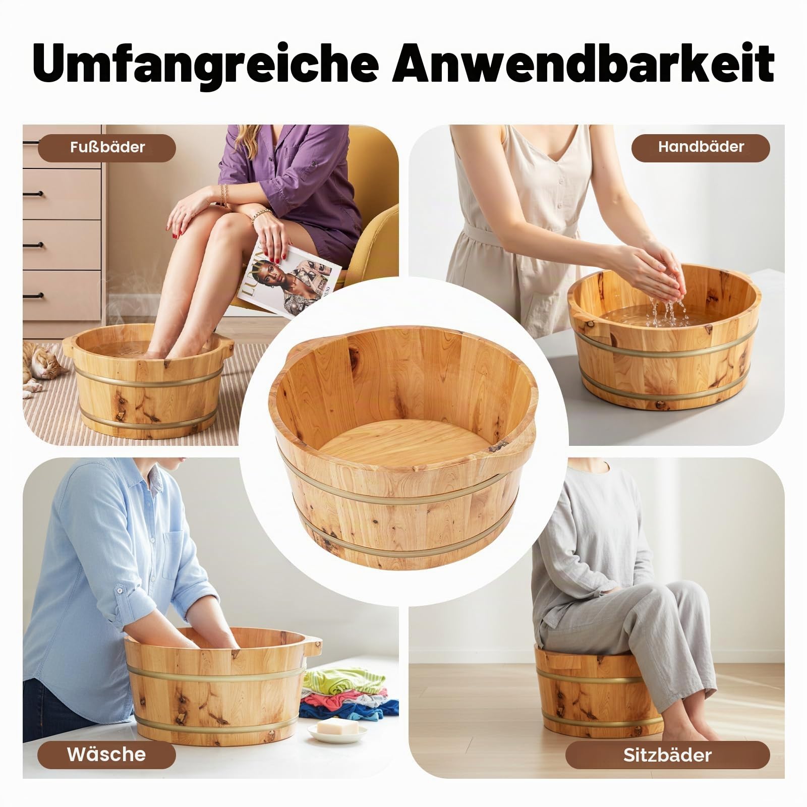 Holz Fußwanne aus Zypresse, Klassische Fußbadewanne für Entspannung und Fußpflege, Natur Holz-Fußbecken, Fussbad Ideal für Sauna und Home Spa, Holzfarbe
