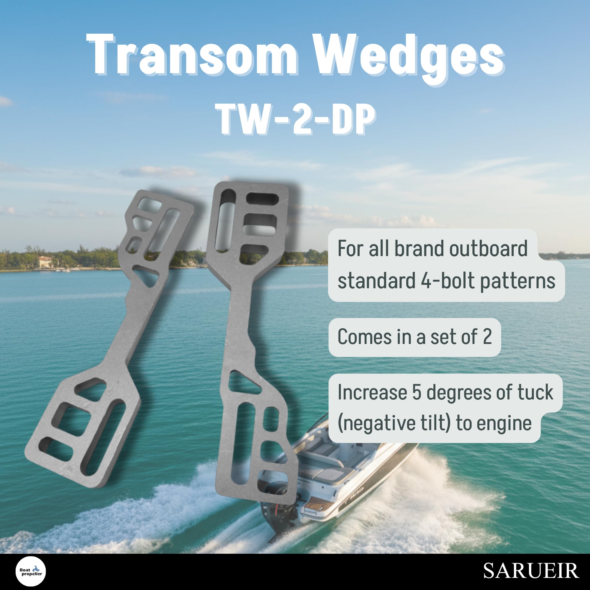 Cales de tableau arrière pour moteur hors-bord SARUEIR, cales d’inclinaison négative de 5 degrés TW-2-DP, compatibles avec tous les modèles de moteurs hors-bord à 4 points de fixation, lot de 2 pièces