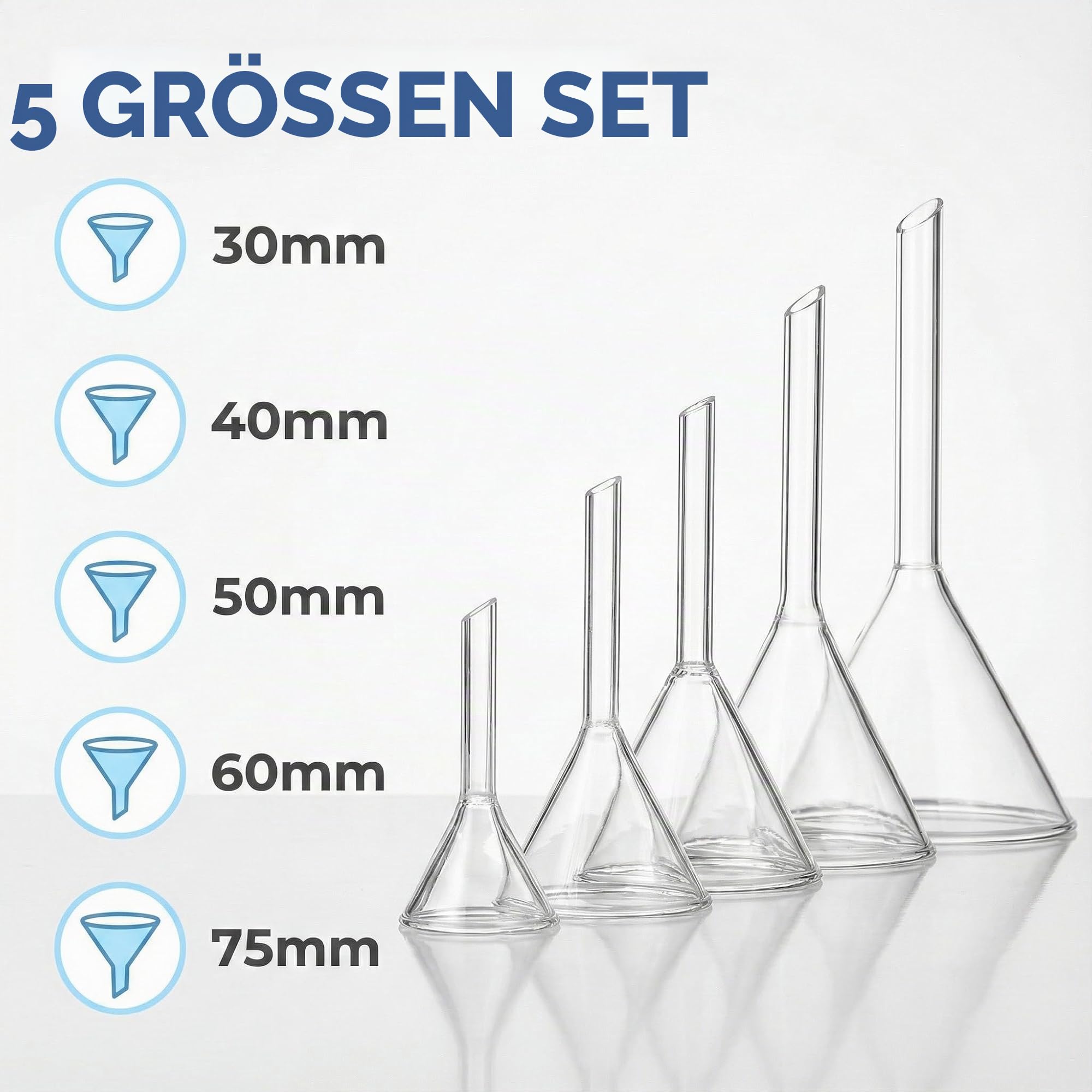 VILLCASE 5 Stück Labor Trichter, Glastrichter, Transparent Borosilikat Glas Mini Trichter, 30mm, 40mm, 50mm, 60mm, 75mm Durchmesser, Ideal für Chemie Experimente und Flüssigkeiten