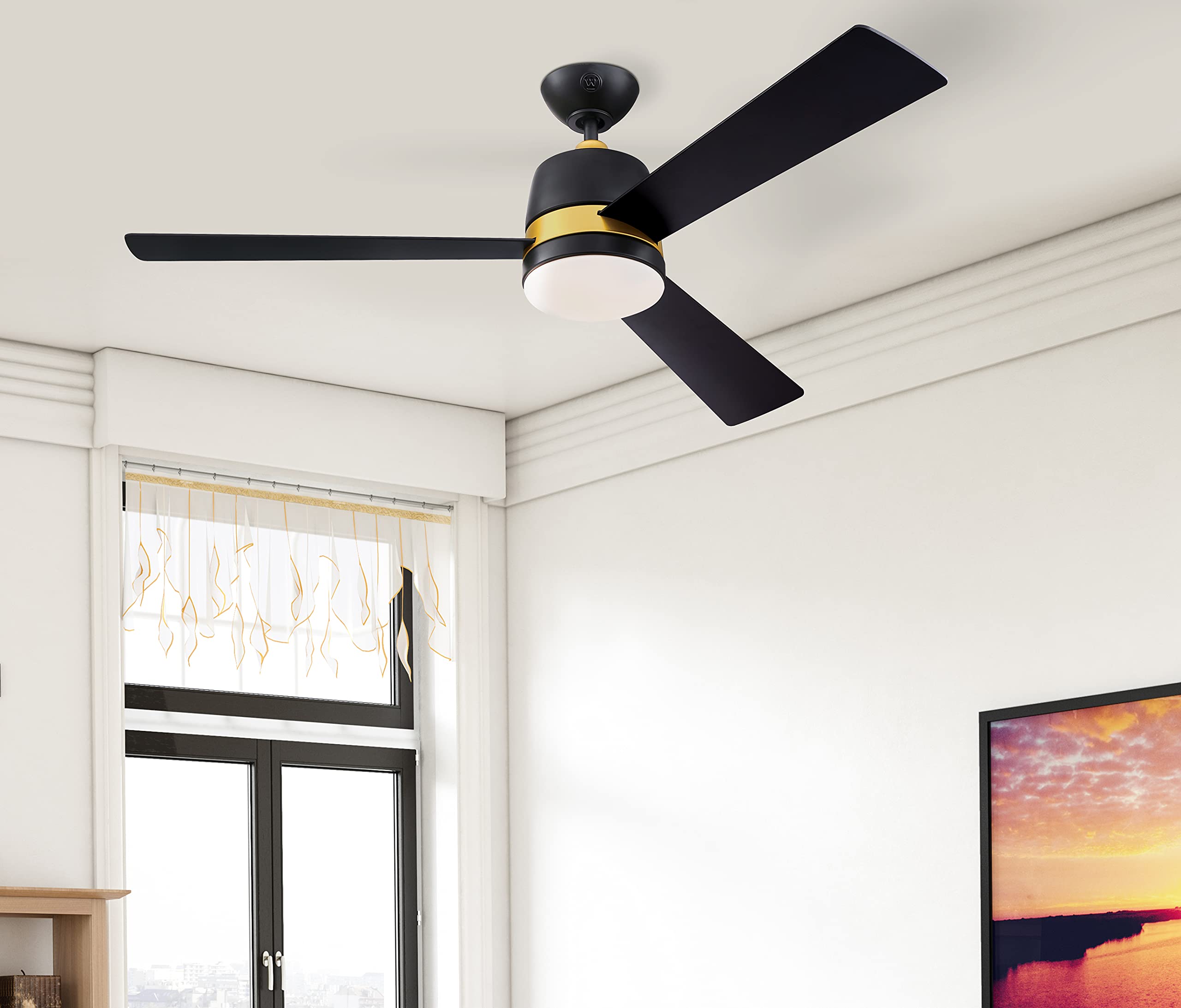 Westinghouse Lighting 73039 Tristan, moderno ventilatore da soffitto con luce e telecomando, 132 cm, finitura nera opaca con accenti dorati, vetro smerigliato opale