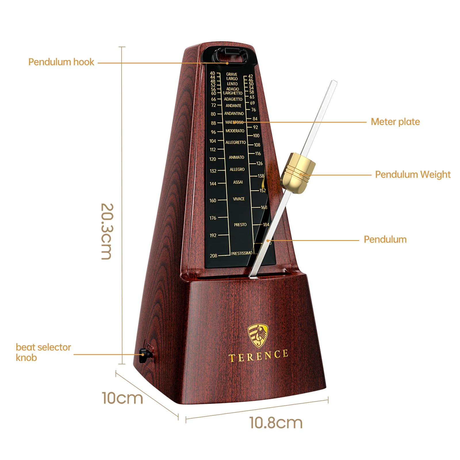 Metrónomo mecánico TERENCE, metrónomo de alta precisión, sonido fuerte, adecuado para piano, violín, teclado, bajo, guitarra, tambor Guzheng, adultos, niños, principiantes, profesionales,color nogal