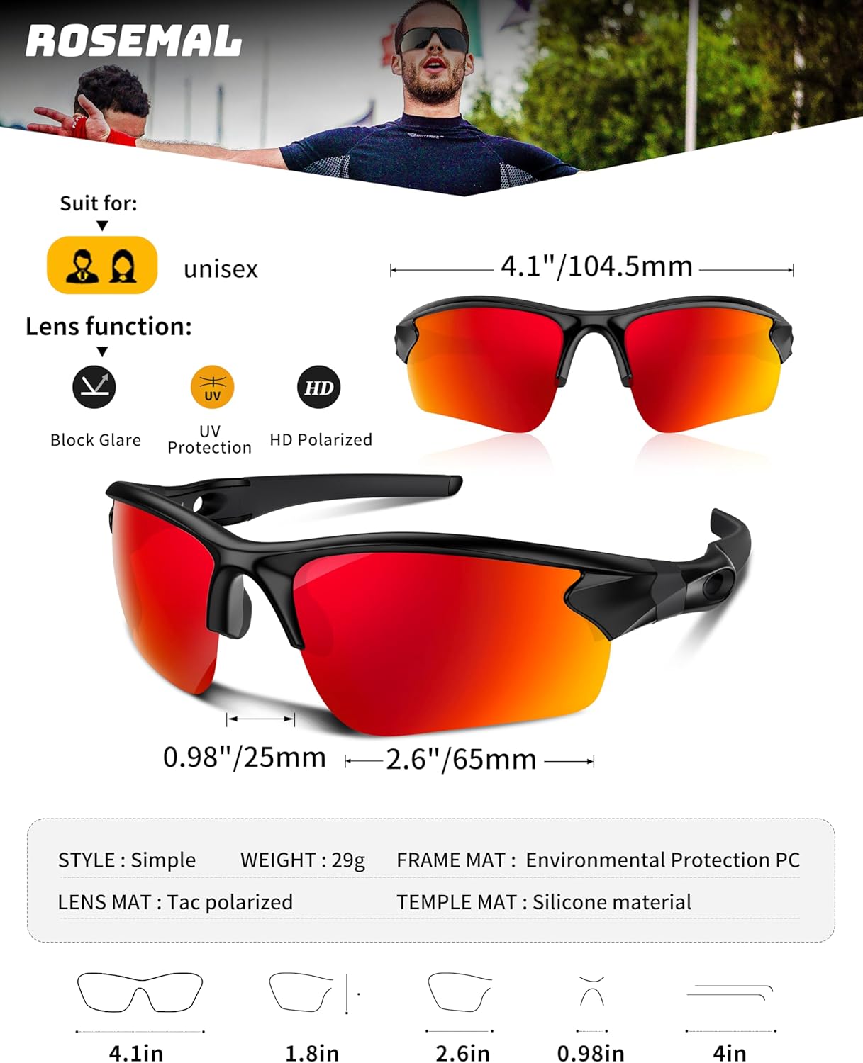 Rosemal Polarized Sunglasses for Men Women Running Sunglasses Sports Cycling Driving Fishing Baseball Golf TAC UV400 TR90