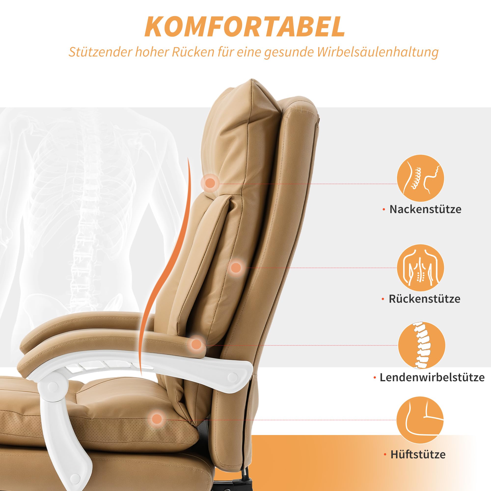 HOMCOM Executive Office Chair, PU Leather Desk Chair with Footrest, Quiet Swivel Wheels, Reclining Backrest, High Back, Height Adjustable, for Home, Light Brown