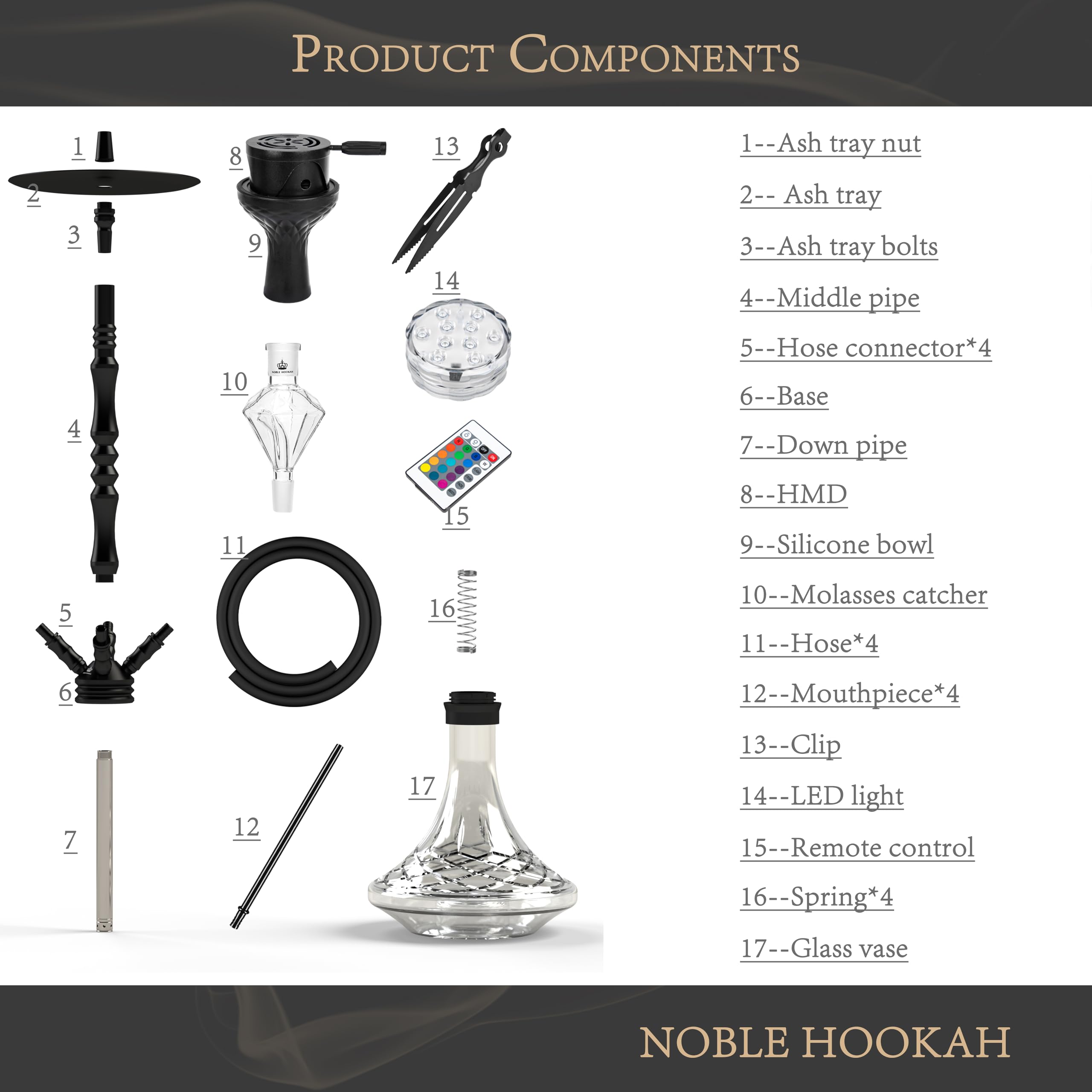 NOBLE HOOKAH Narghilè Completo 95cm Shisha Con Molasses, Tubo 150cm, Accessori: Pinze Carbone, Testa Con 4 Tubi, 4 Connettori, 4 Bocchini