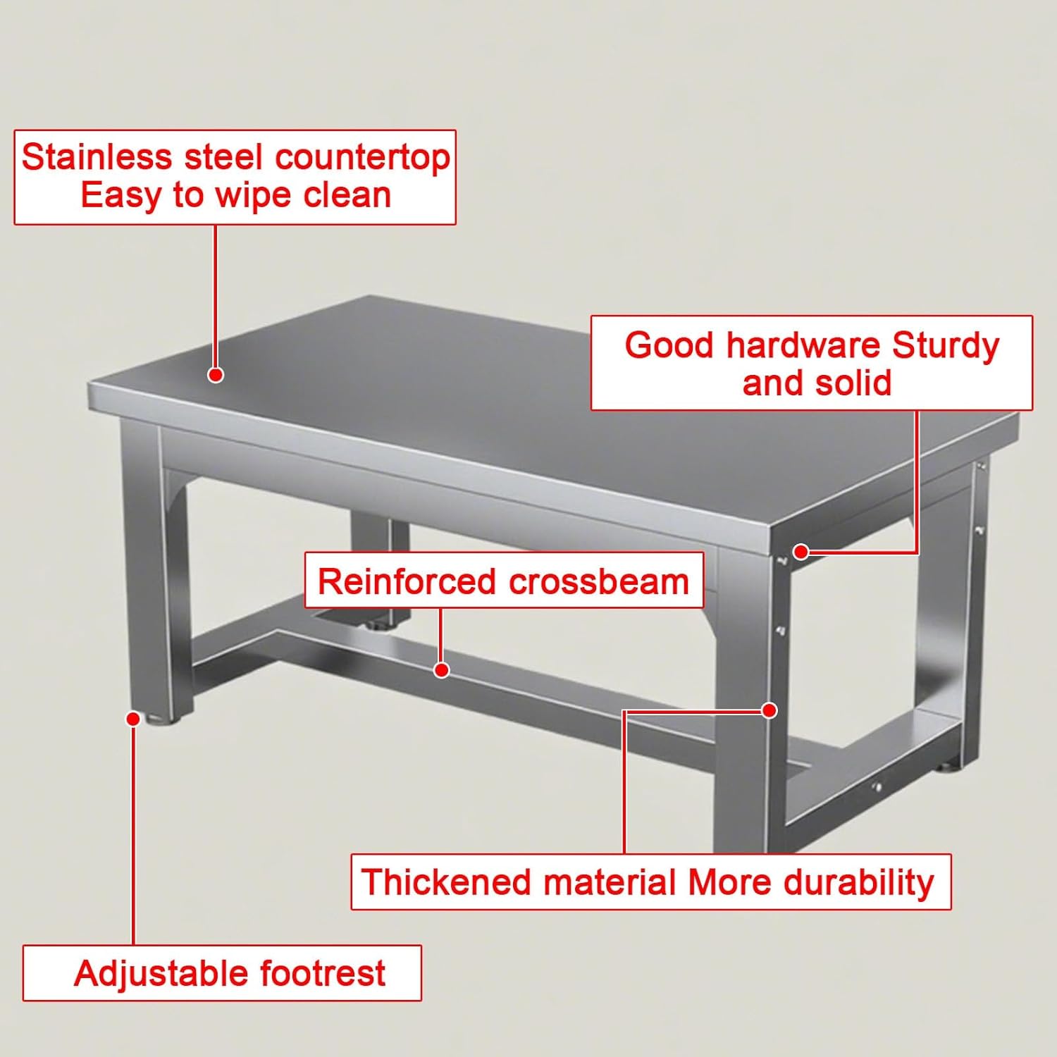 Heavy-Duty Thickened Stainless Steel Work Table H80cm Fireproof Water Proof and Wear-Resistant Industrial-Grade Workbench with Adjustable Legs