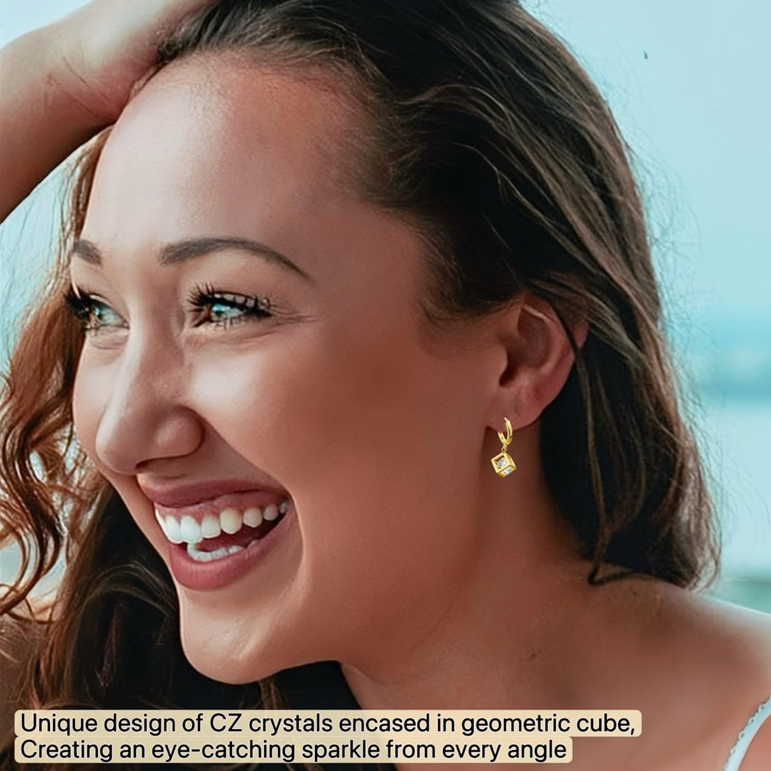 Crystal Cube Huggie Hoop Earrings, Dainty 18k Gold Plated Drop Dangle Earrings with CZ Crystals, Everyday Fashion Jewelry for Women Girls - Image 3