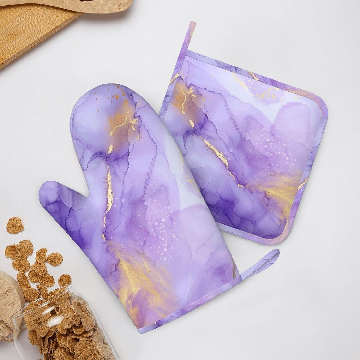 Oven Mitts and Pot Holders Pastel Purple Marble Silicone Kitchen Accessories Set of 4 Heat Resistant Long Gloves Potholder Non-Slip Grip for Chef Cooking Baking Grilling BBQ