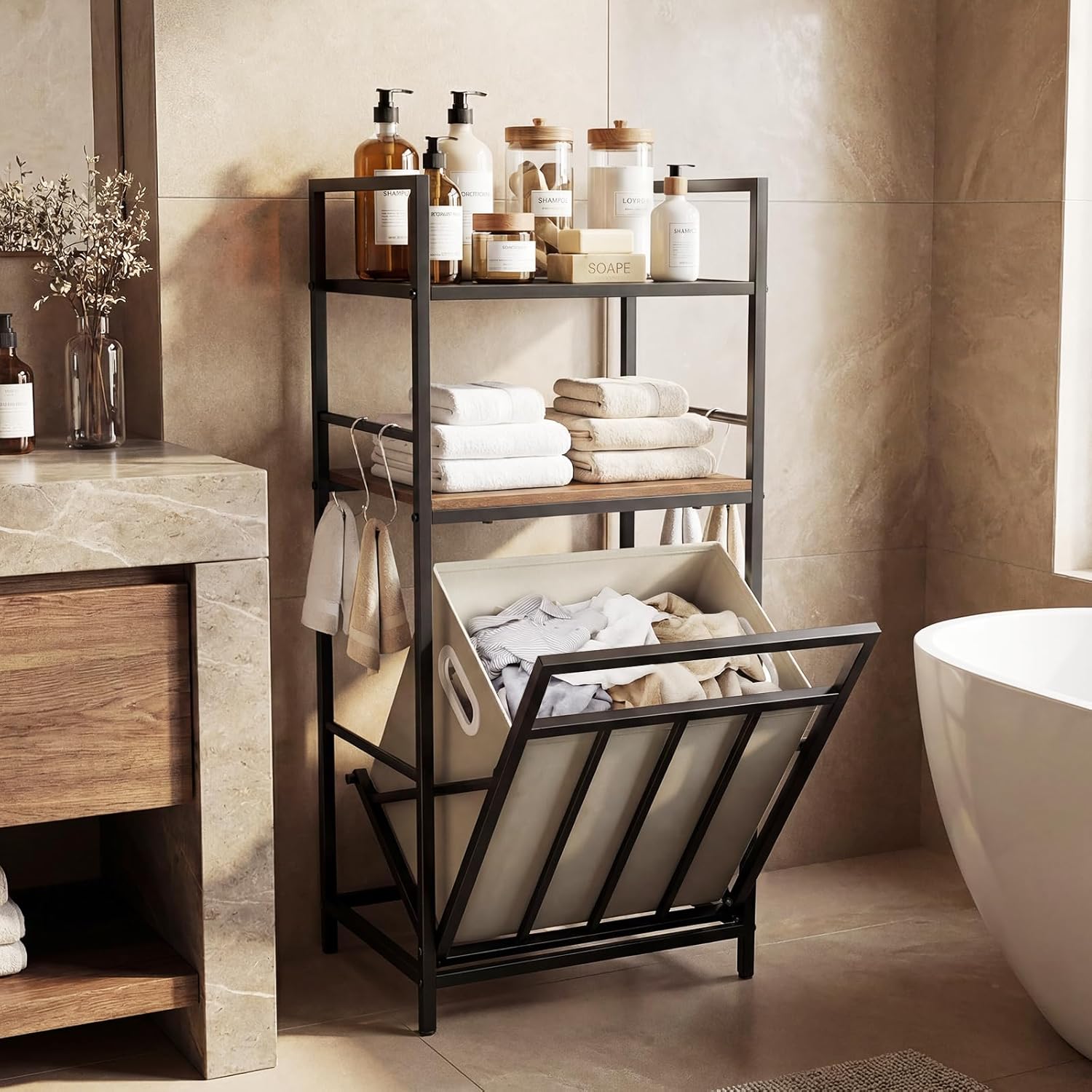 Giantex Tilt out Laundry Hamper, Space Saving Bathroom Storage Cabinet with Removable Basket, 2 Open Shelves & 4 Side Hooks, Hidden Laundry Organizer for Dirty Clothes, Laundry Room, Bedroom