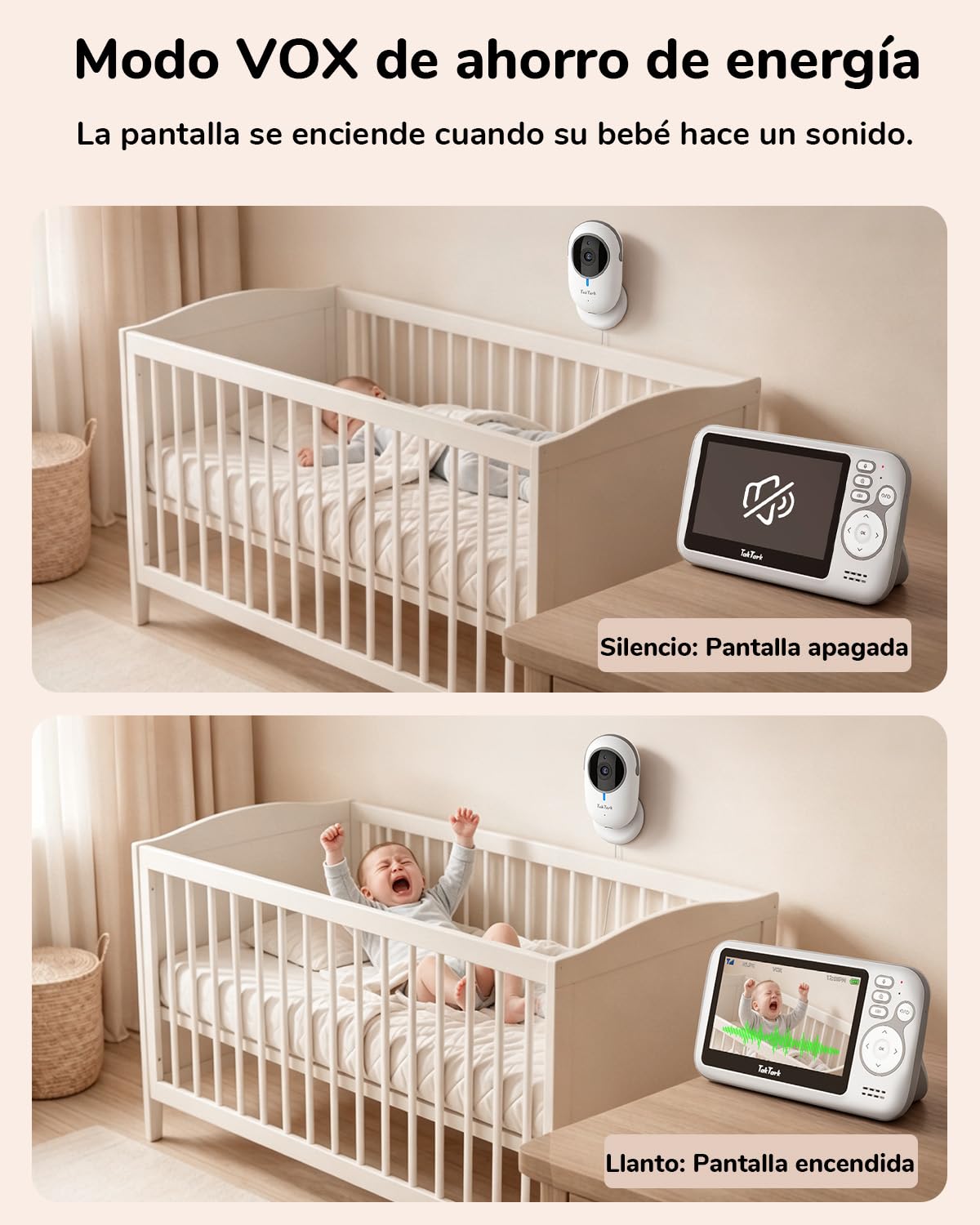 TakTark Camara Vigilancia Bebe, 4.3'' Vigilabebes Inalámbrico, Monitor con Visión Nocturna, VOX, Comunicación Bidireccional, Sensor de Temperatura, Sin Interferencias de Luz, Sólo Movimiento