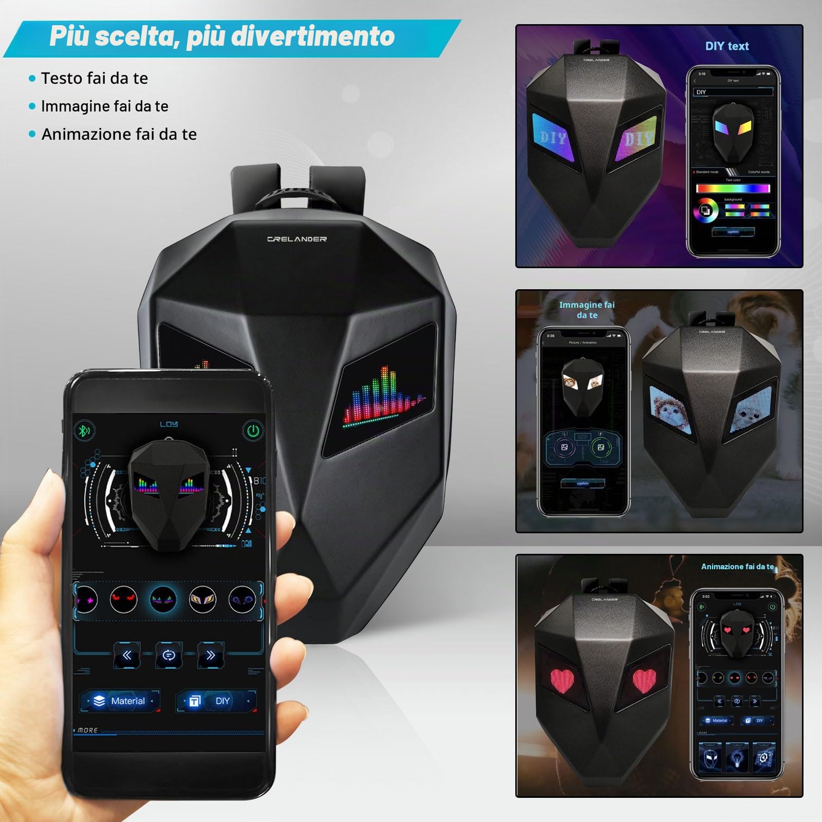 Crelander Zaino da moto, con LED programmabile Knight, borsa rigida per computer portatile, zaino per casco da motociclista