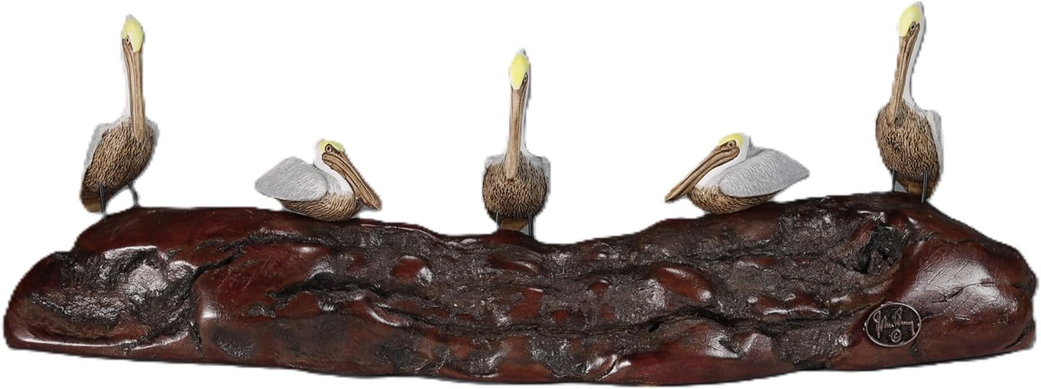 Pelicans Flock of 5 by John Perry 9in Long Perching on Polished burlwood Base. Signed.