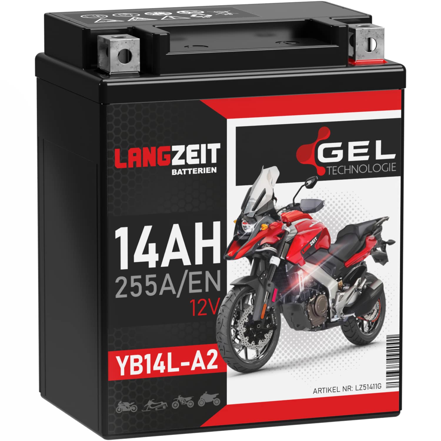 LANGZEIT YB14L-A2 GEL Motorradbatterie 12V 14Ah 255A/EN GEL 