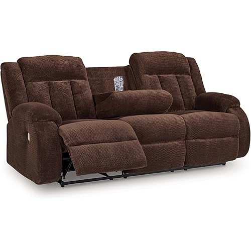 Signature Design by Ashley Free Wake Contemporary Dual Sided Power Reclining Sofa with Drop Down Table and USB Ports, Dark Brown